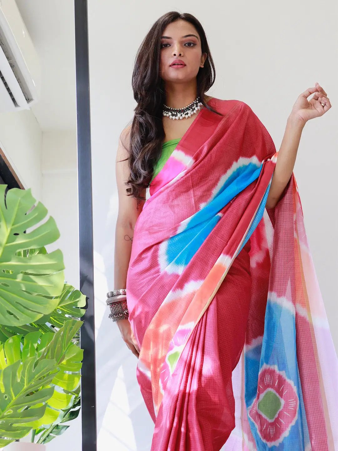 Tie dye Digital printed Satin Kota Doriya Designer Party Wear Saree in Red Colour