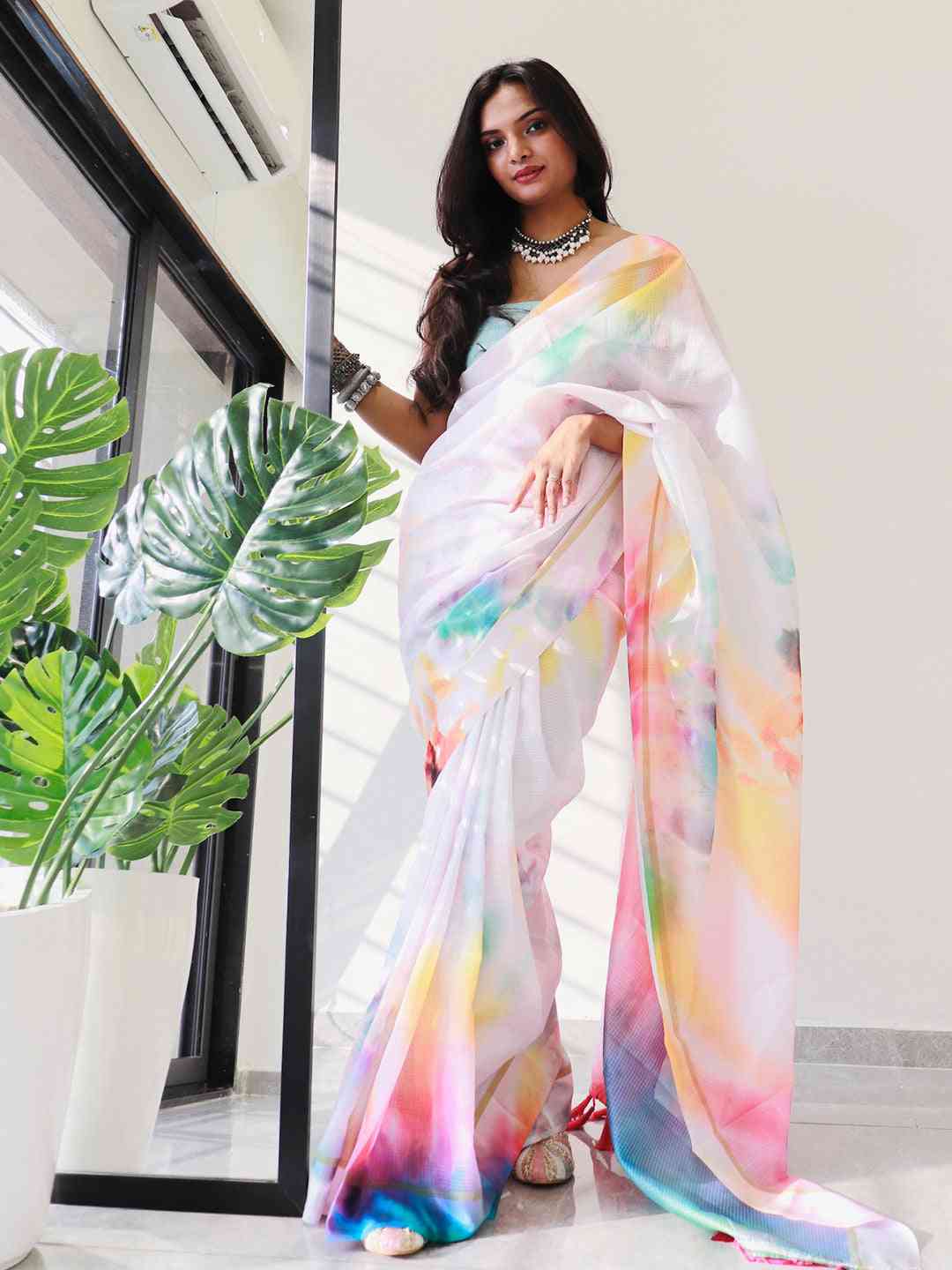 Tie dye Digital printed Satin Kota Doria Designer Party Wear Saree