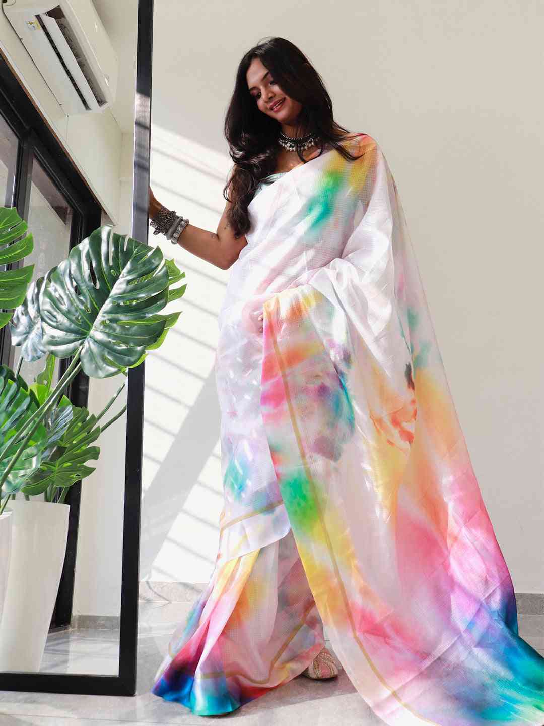 Tie dye Digital printed Satin Kota Doria Designer Party Wear Saree