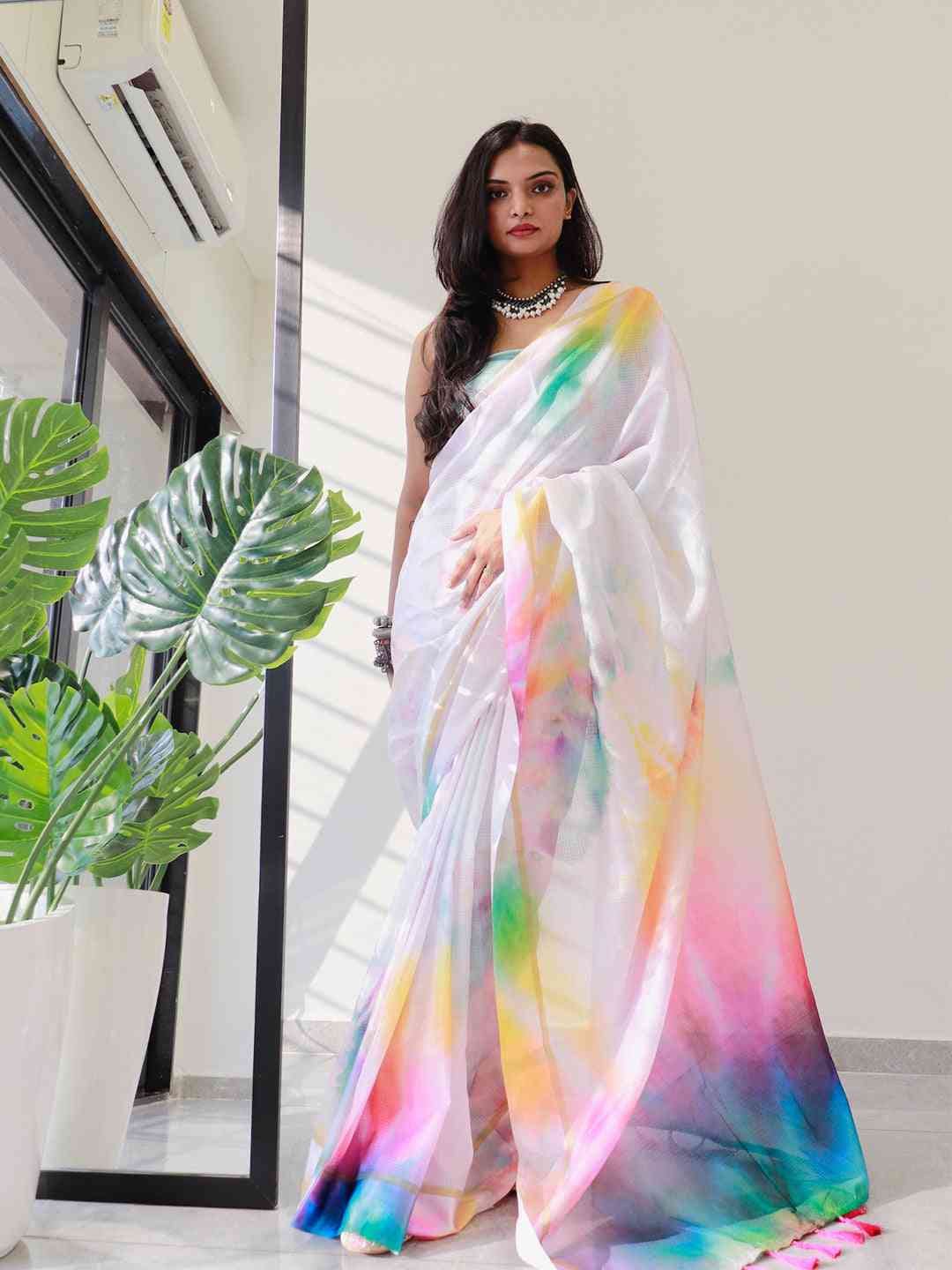 Tie dye Digital printed Satin Kota Doria Designer Party Wear Saree