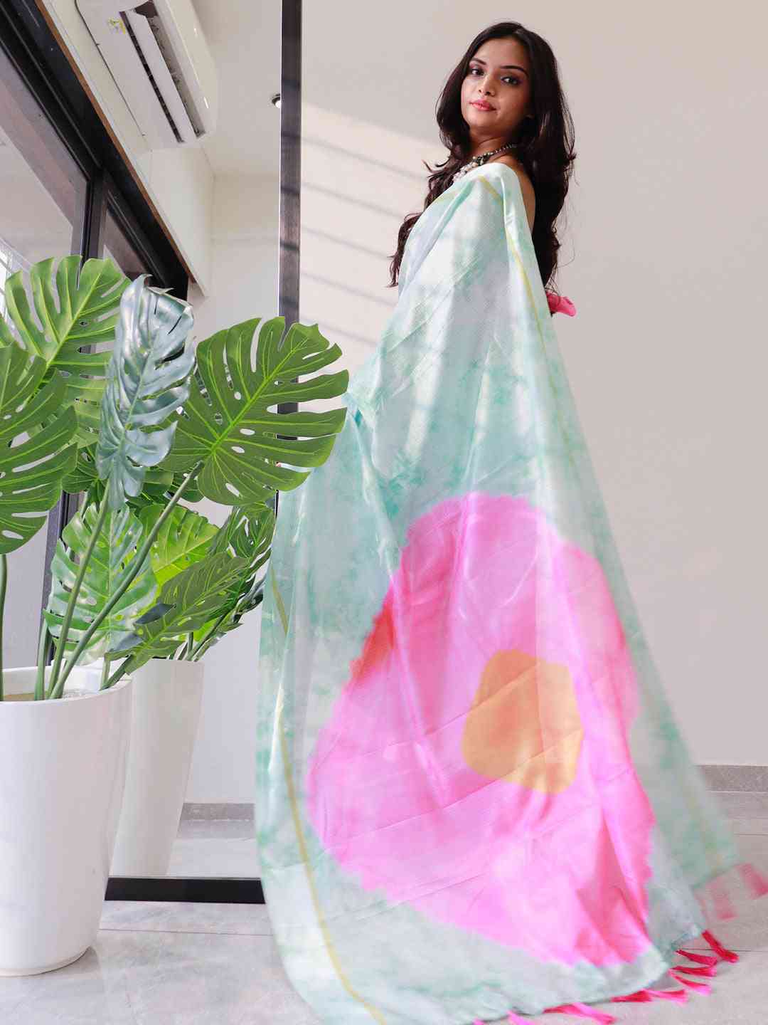 Tie dye Digital printed Satin Kota Doriya Designer Saree in Sky Blue Colour