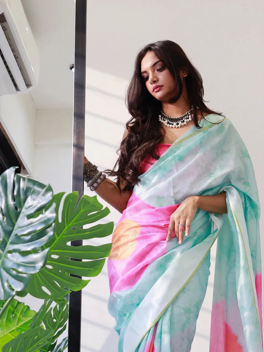 Tie dye Digital printed Satin Kota Doriya Designer Saree in Sky Blue Colour