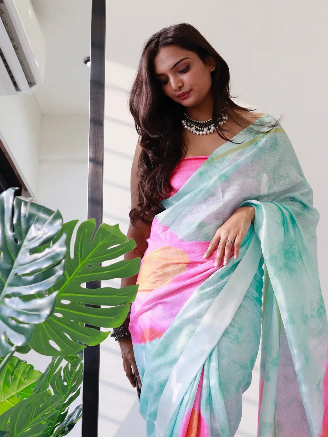 Tie dye Digital printed Satin Kota Doriya Designer Saree in Sky Blue Colour