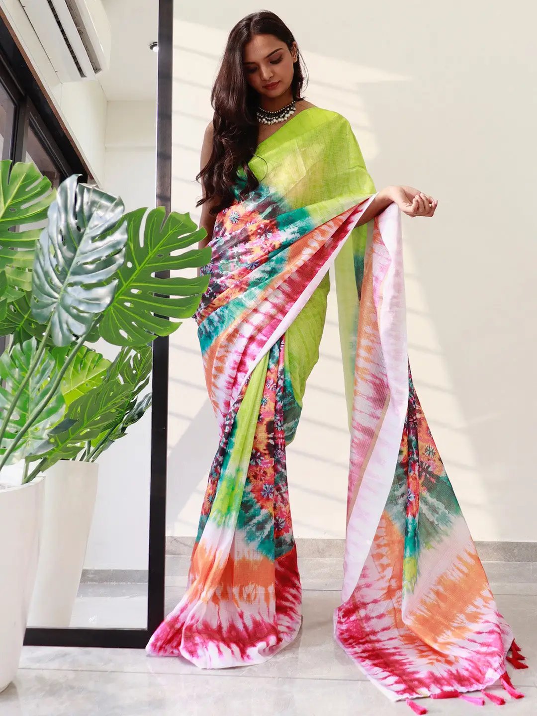 Tie dye Digital printed Satin Kota Doriya Designer Party Wear Saree in Lime Colour