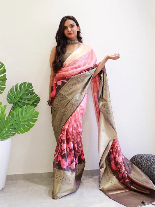 Peach Hybrid Kalamkari Printed Kota Doriya Saree by My Store