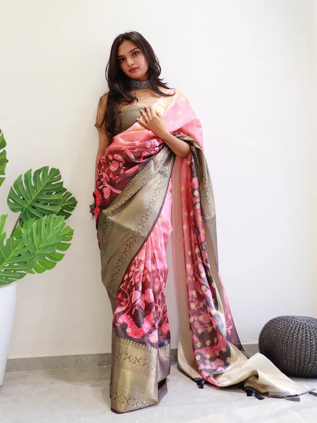 Peach Hybrid Kalamkari Printed Kota Doriya Saree by My Store