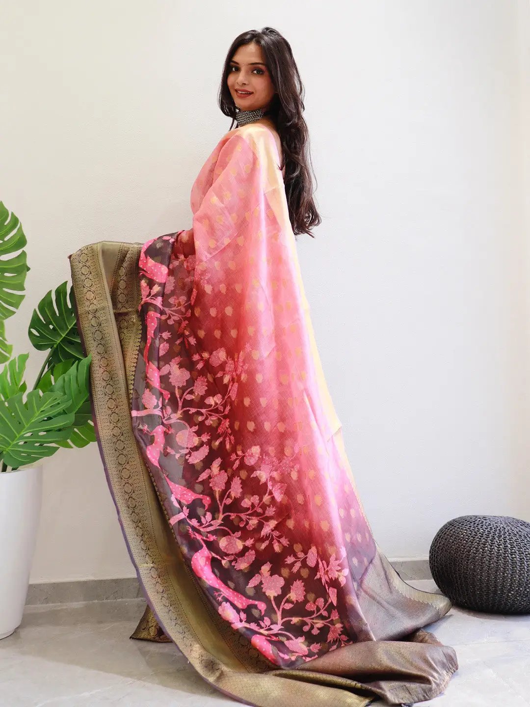 Peach Hybrid Kalamkari Printed Kota Doriya Saree by My Store