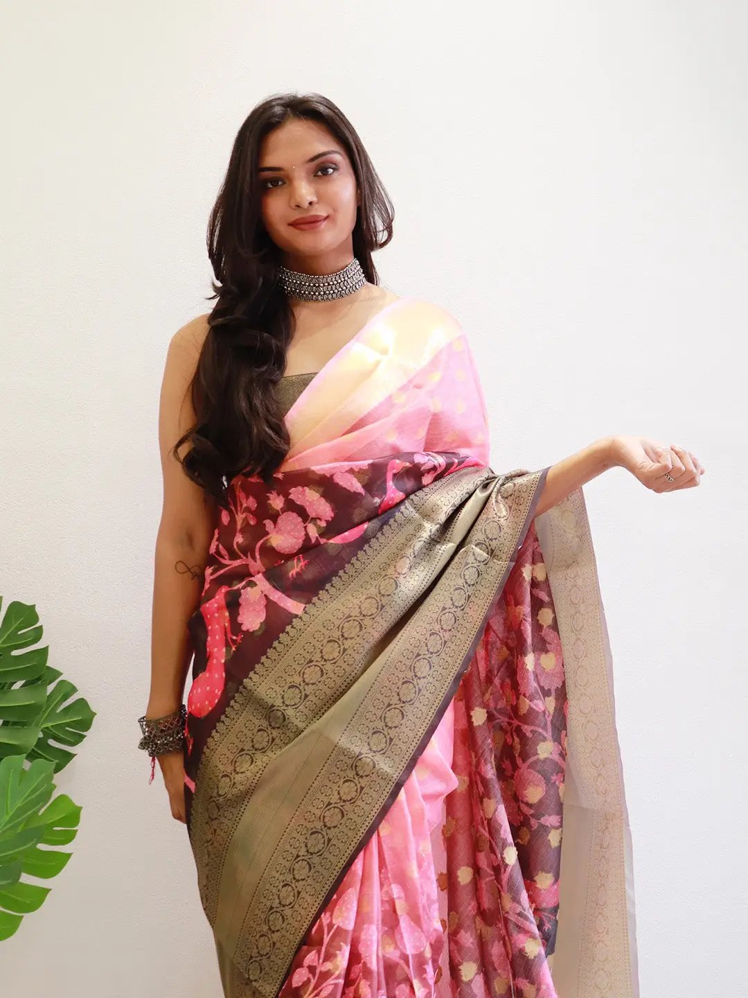 Peach Hybrid Kalamkari Printed Kota Doriya Saree by My Store