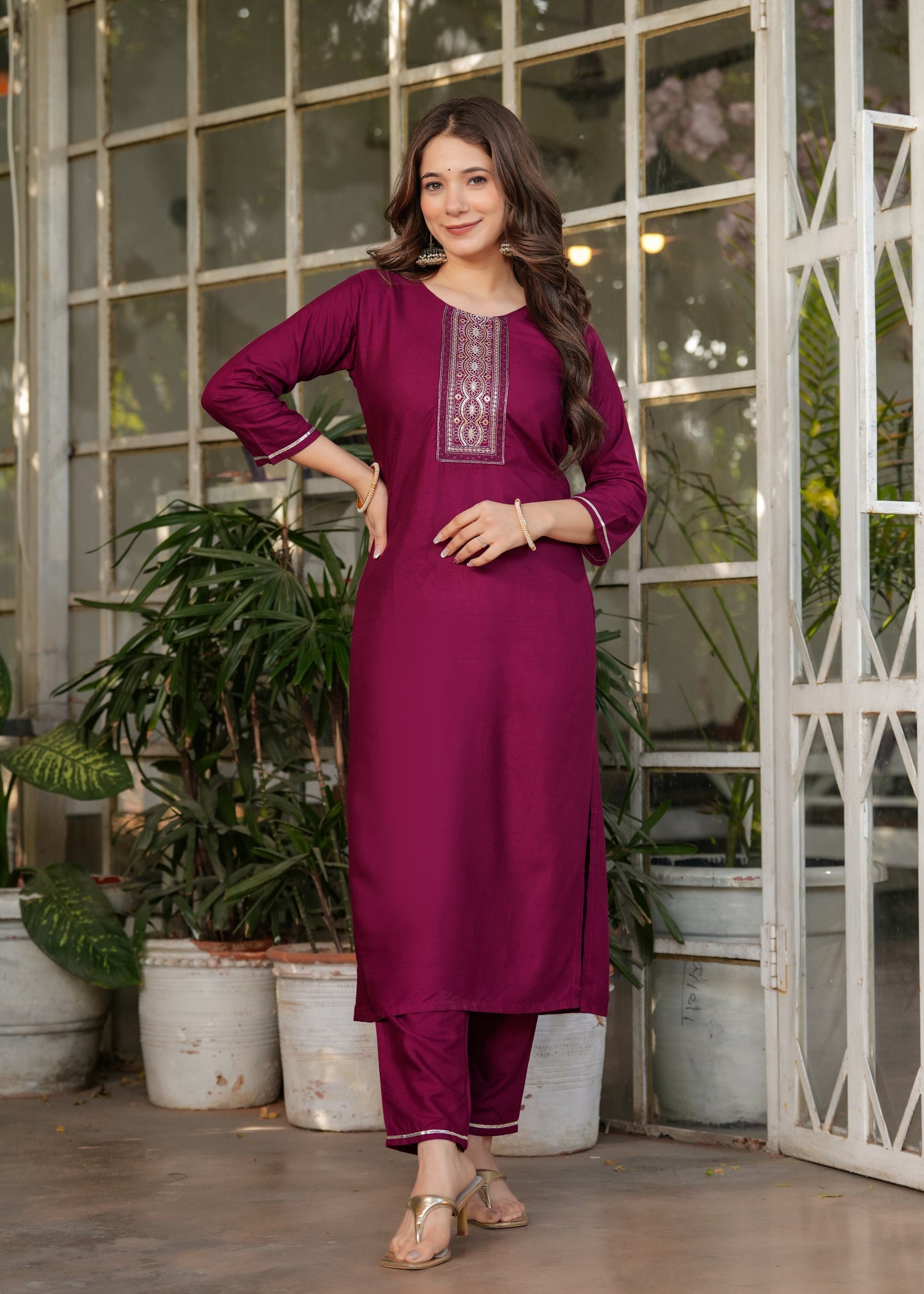 Rayon Embroidered Maroon Kurta Set