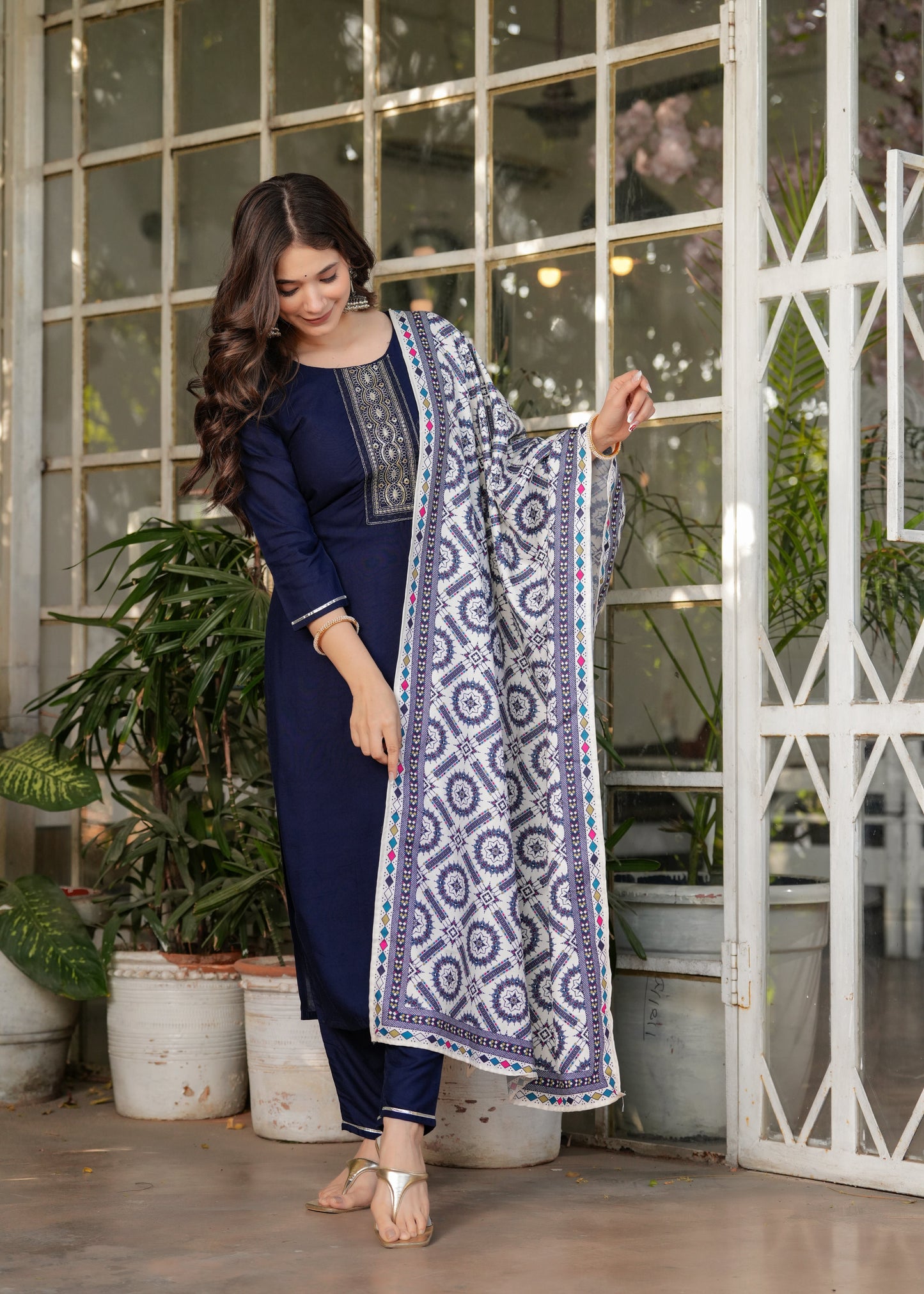 Rayon Embroidered Navy Blue Kurta Set
