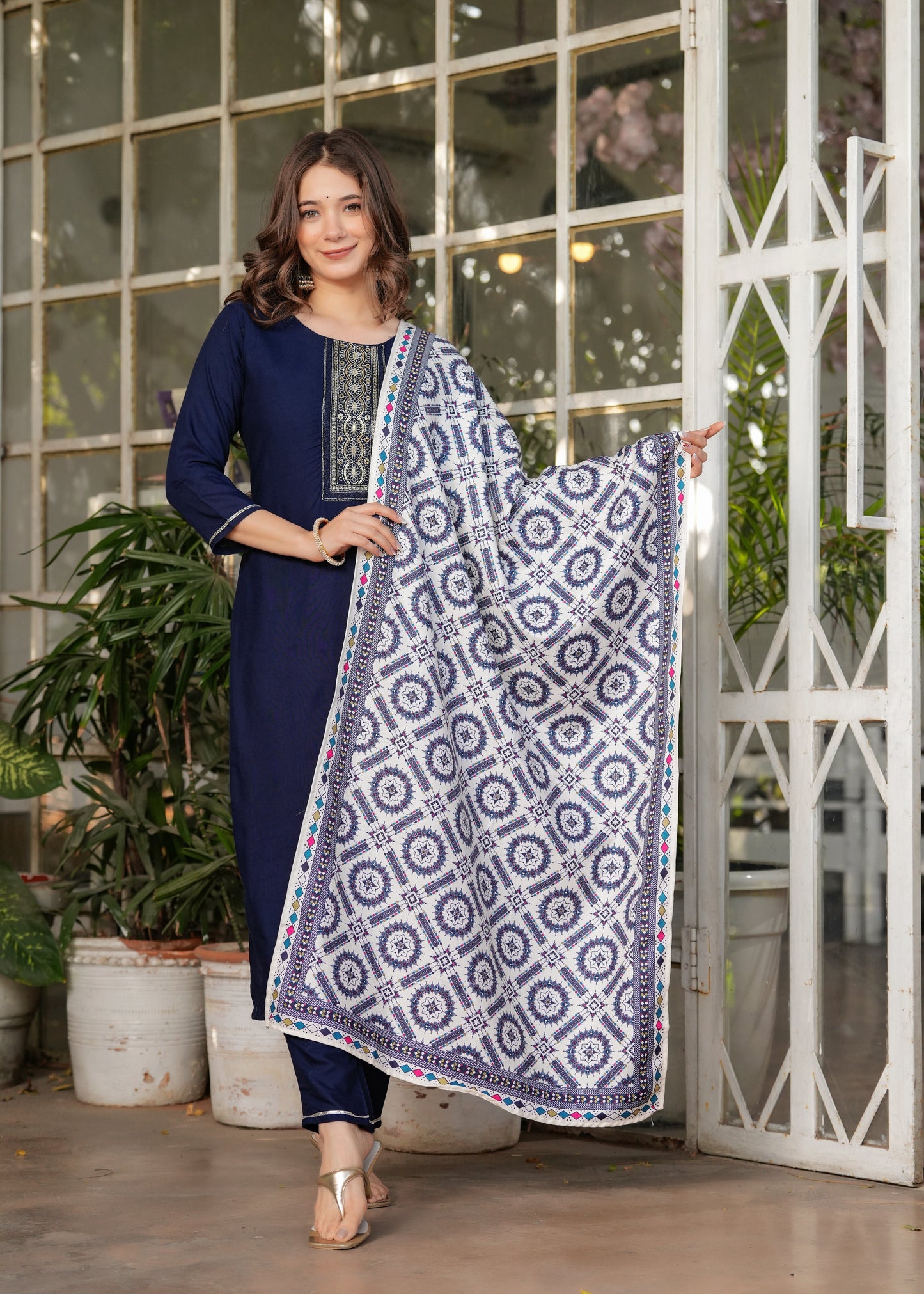Rayon Embroidered Navy Blue Kurta Set