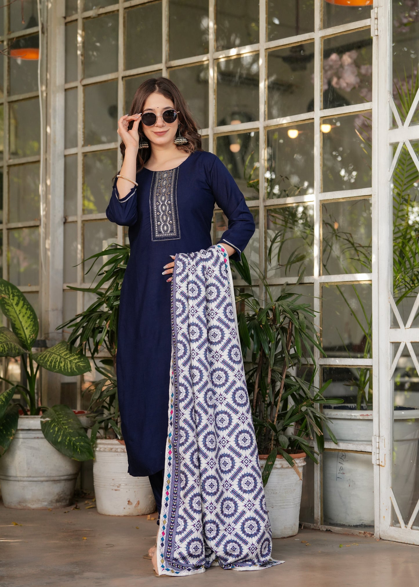 Rayon Embroidered Navy Blue Kurta Set