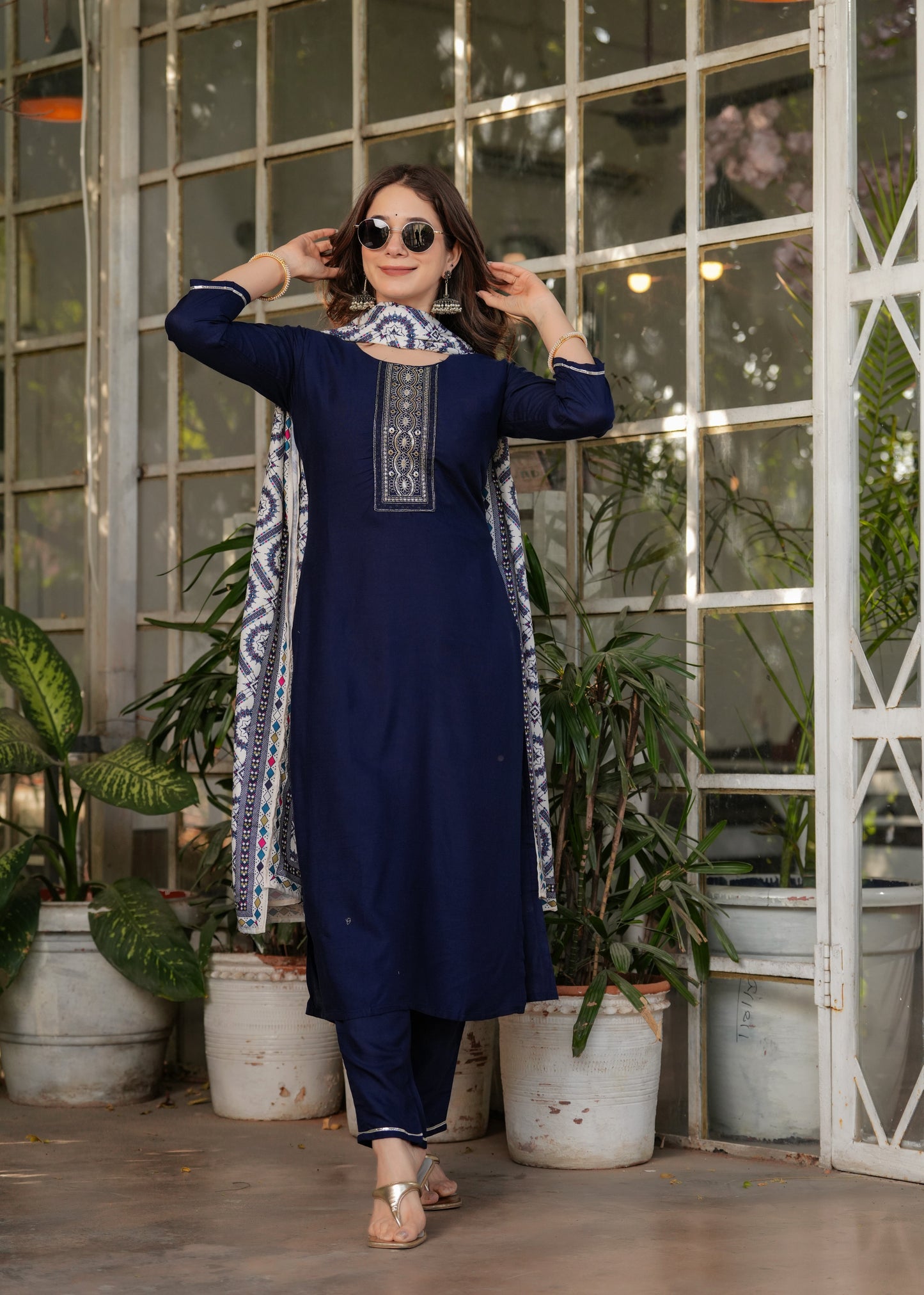 Rayon Embroidered Navy Blue Kurta Set