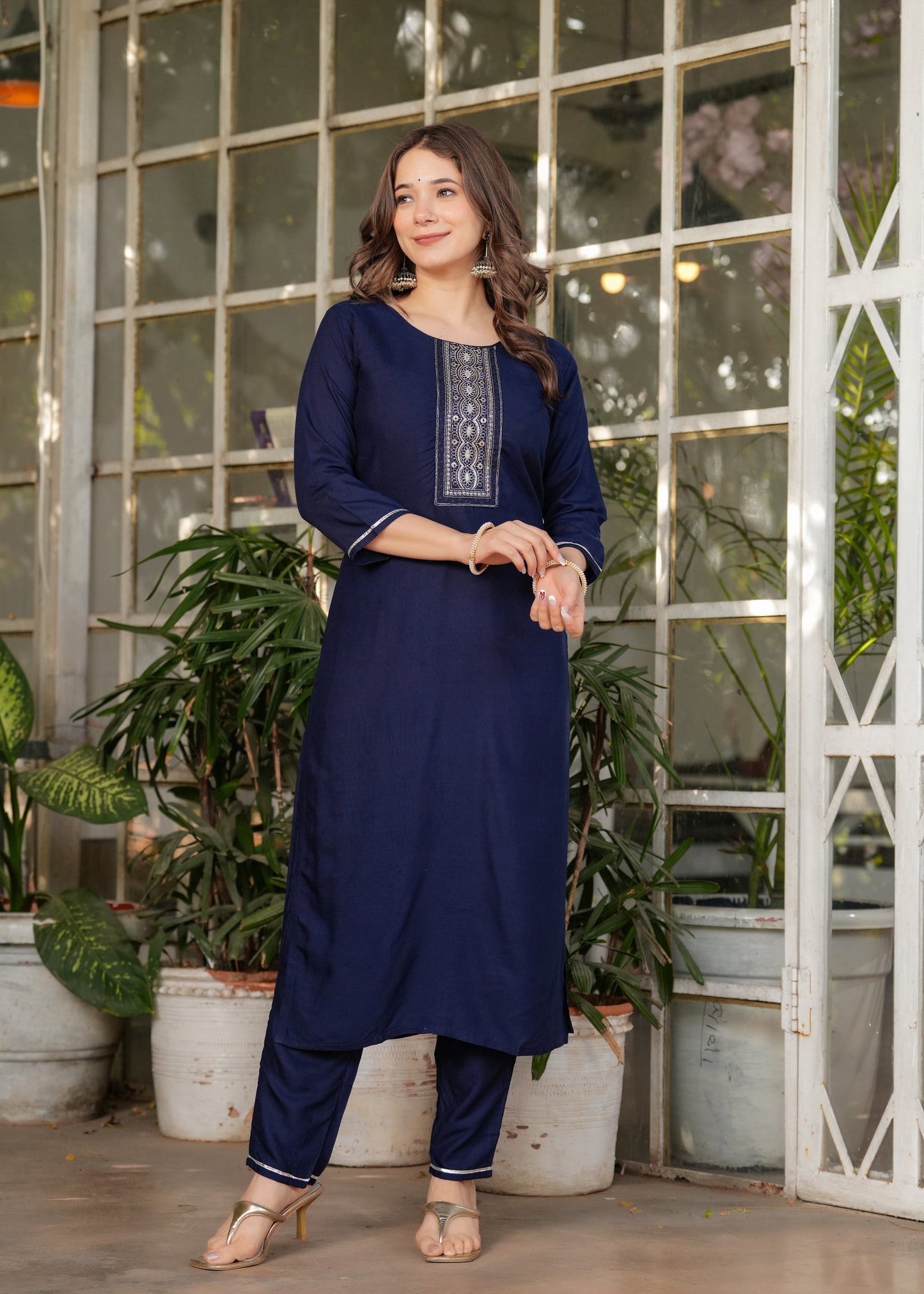 Rayon Embroidered Navy Blue Kurta Set