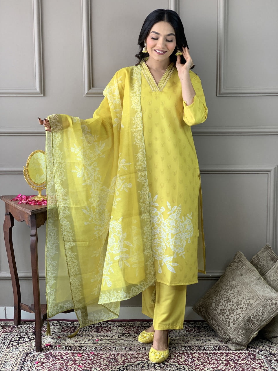 Festival Wear Printed Yellow Kurta Set
