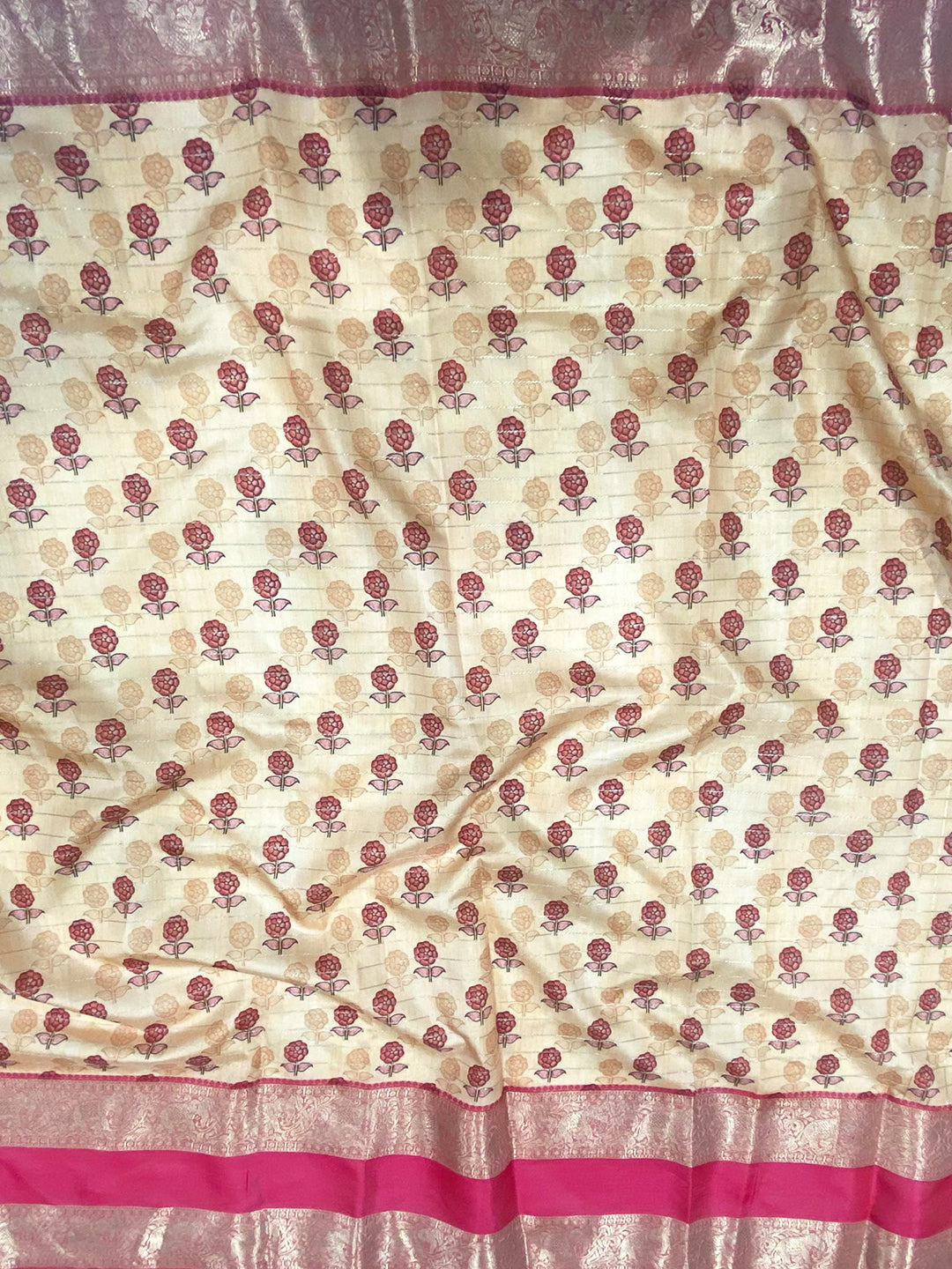 Cream Soft Silk Gadwal Kalamkari Saree by My Store