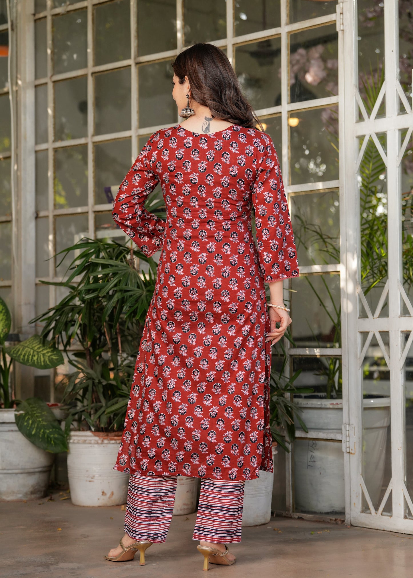 Casual Wear Maroon Cotton Kurta Set