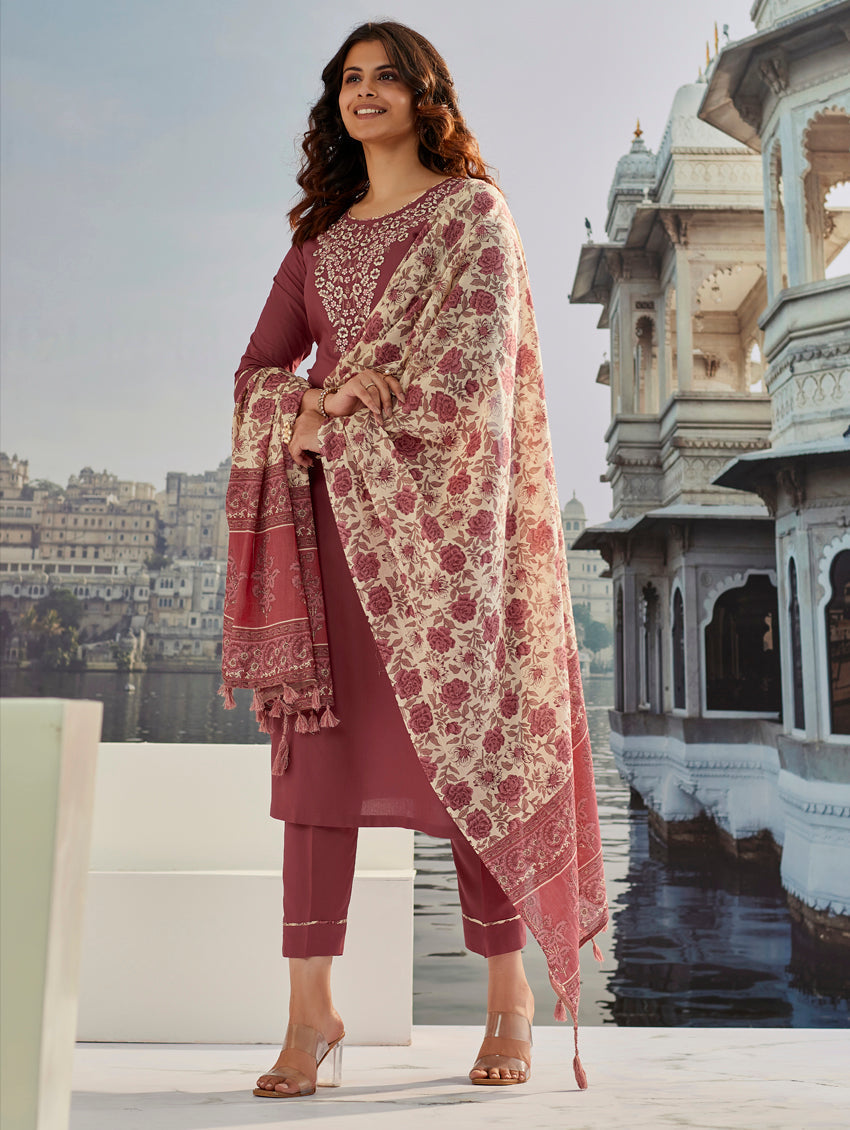 Casual Wear Cotton Silk Brown Kurta Set