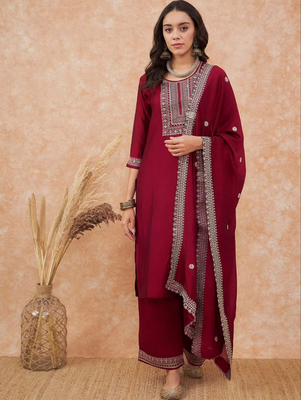 Elegant Maroon Embroidered Kurta Set with Sheer Dupatta