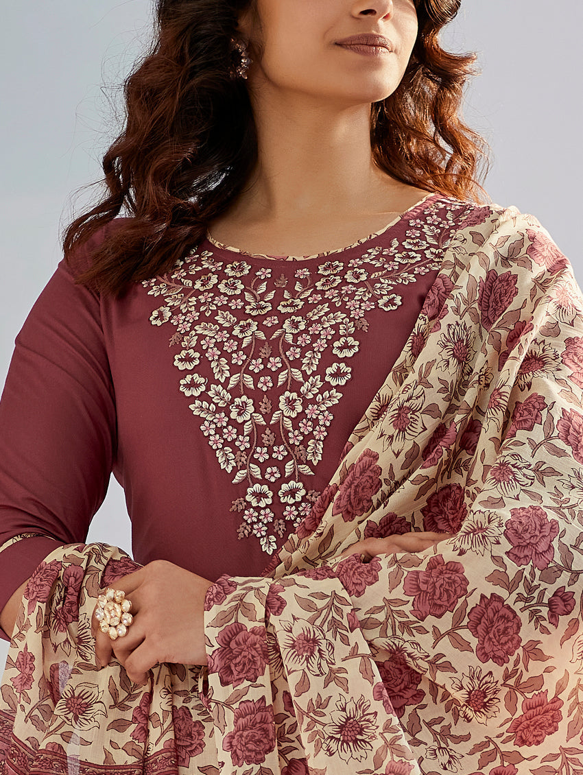 Casual Wear Cotton Silk Brown Kurta Set
