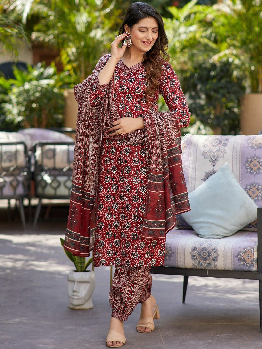 Stylish Maroon Printed Cotton Kurta Set with Dupatta
