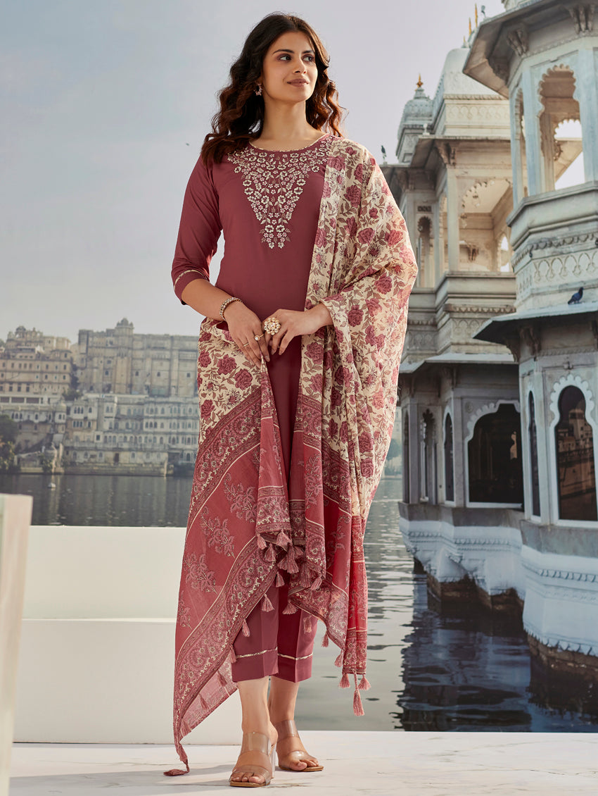 Casual Wear Cotton Silk Brown Kurta Set
