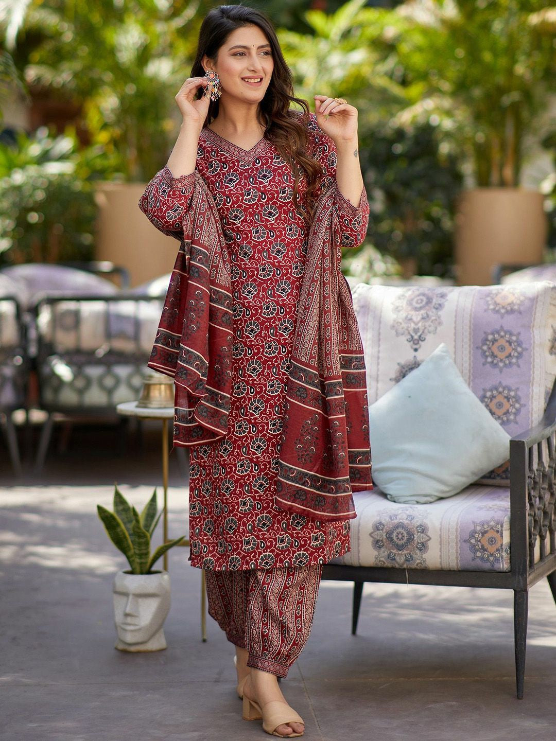 Stylish Maroon Printed Cotton Kurta Set with Dupatta