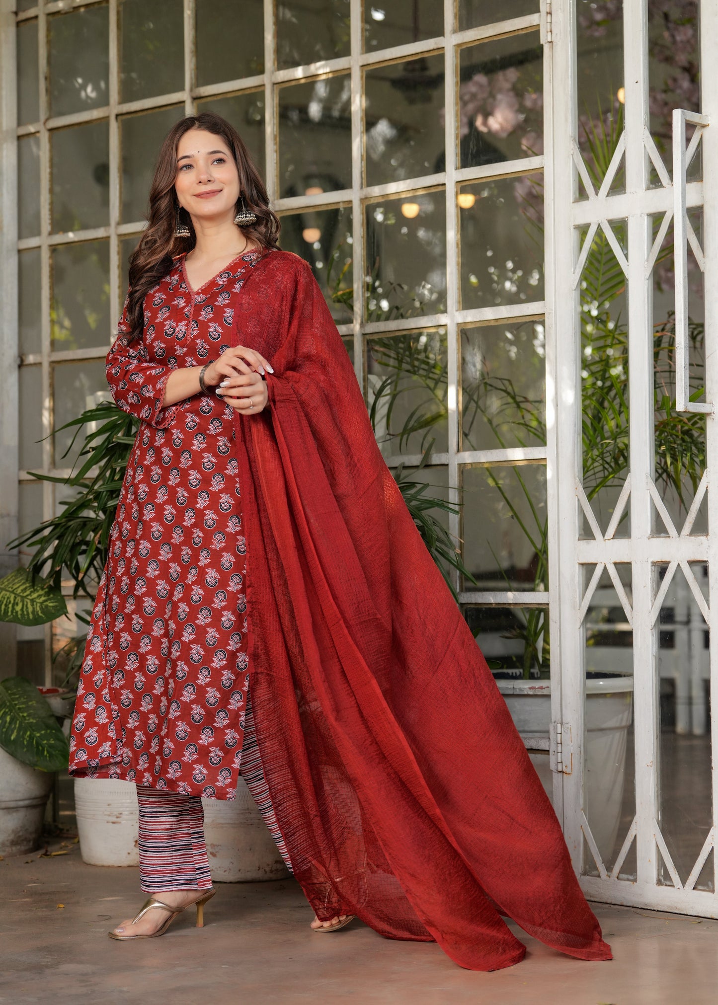 Casual Wear Maroon Cotton Kurta Set