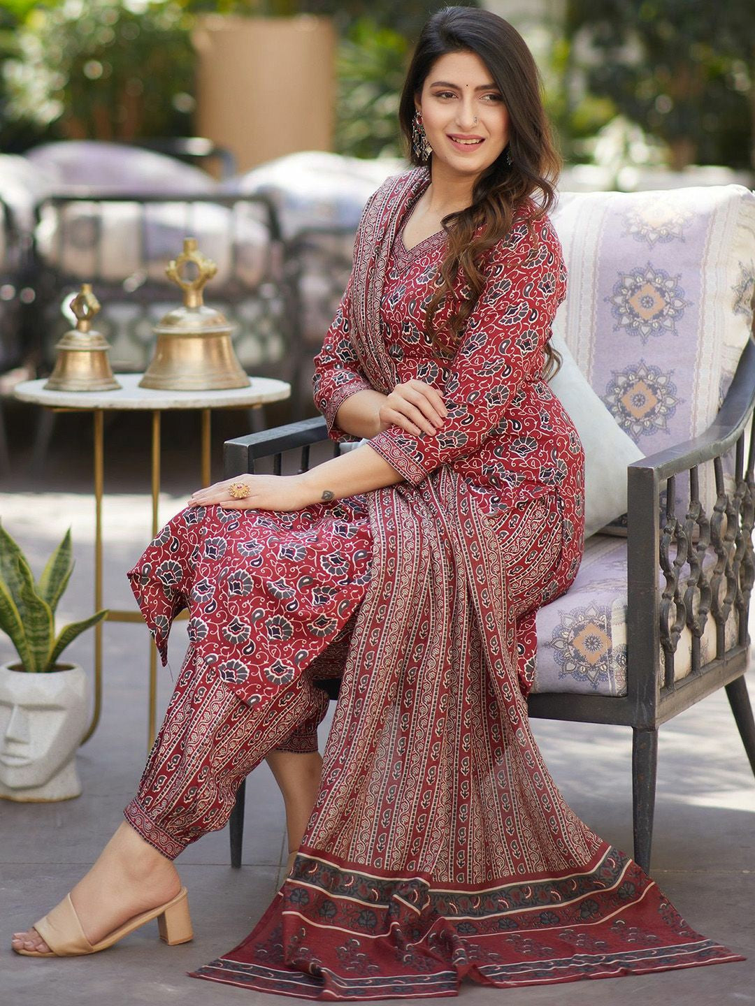 Stylish Maroon Printed Cotton Kurta Set with Dupatta