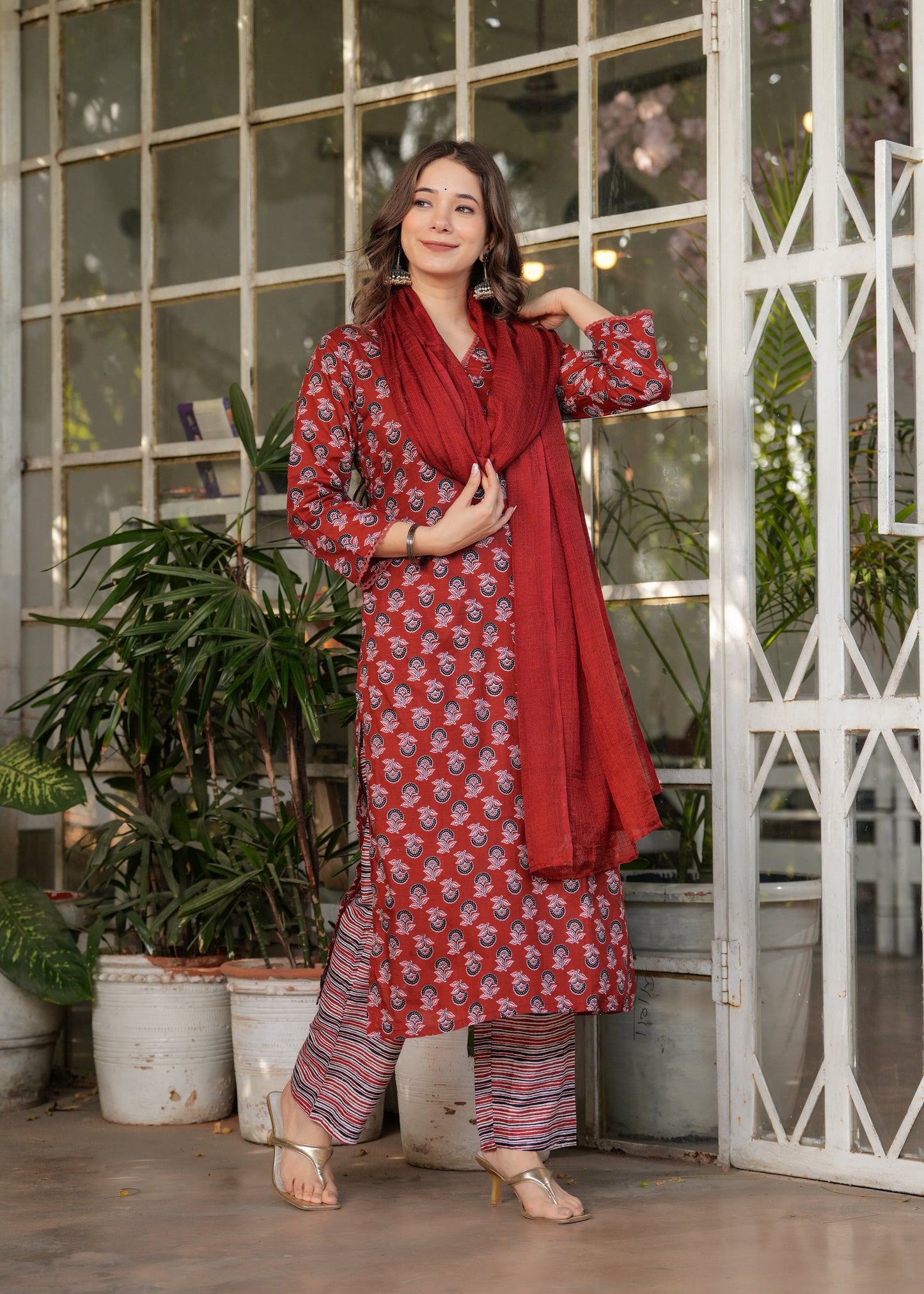 Casual Wear Maroon Cotton Kurta Set