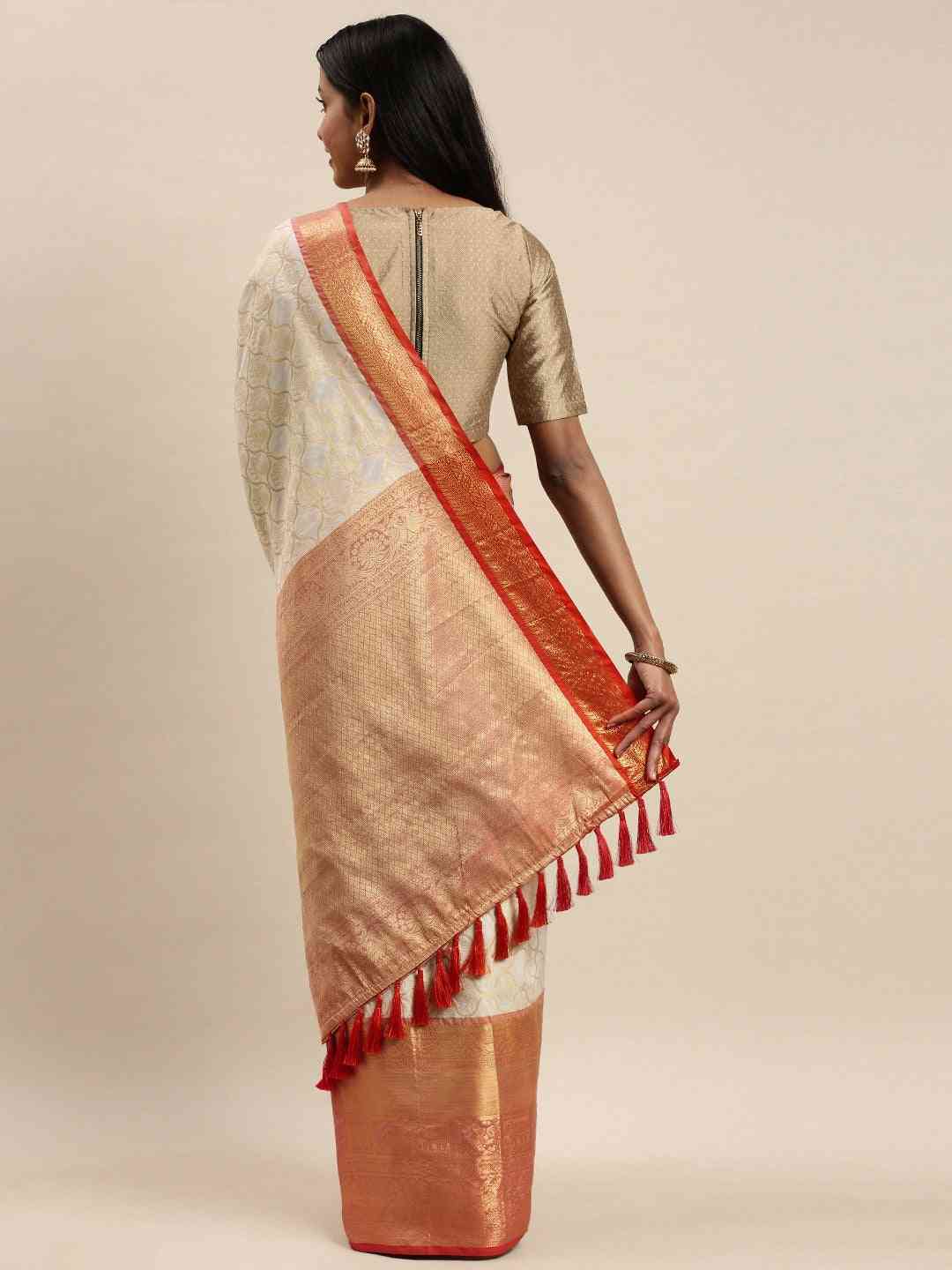 Soft Silk White Colour Kanjivaaram Traditional Wear Saree by My Store