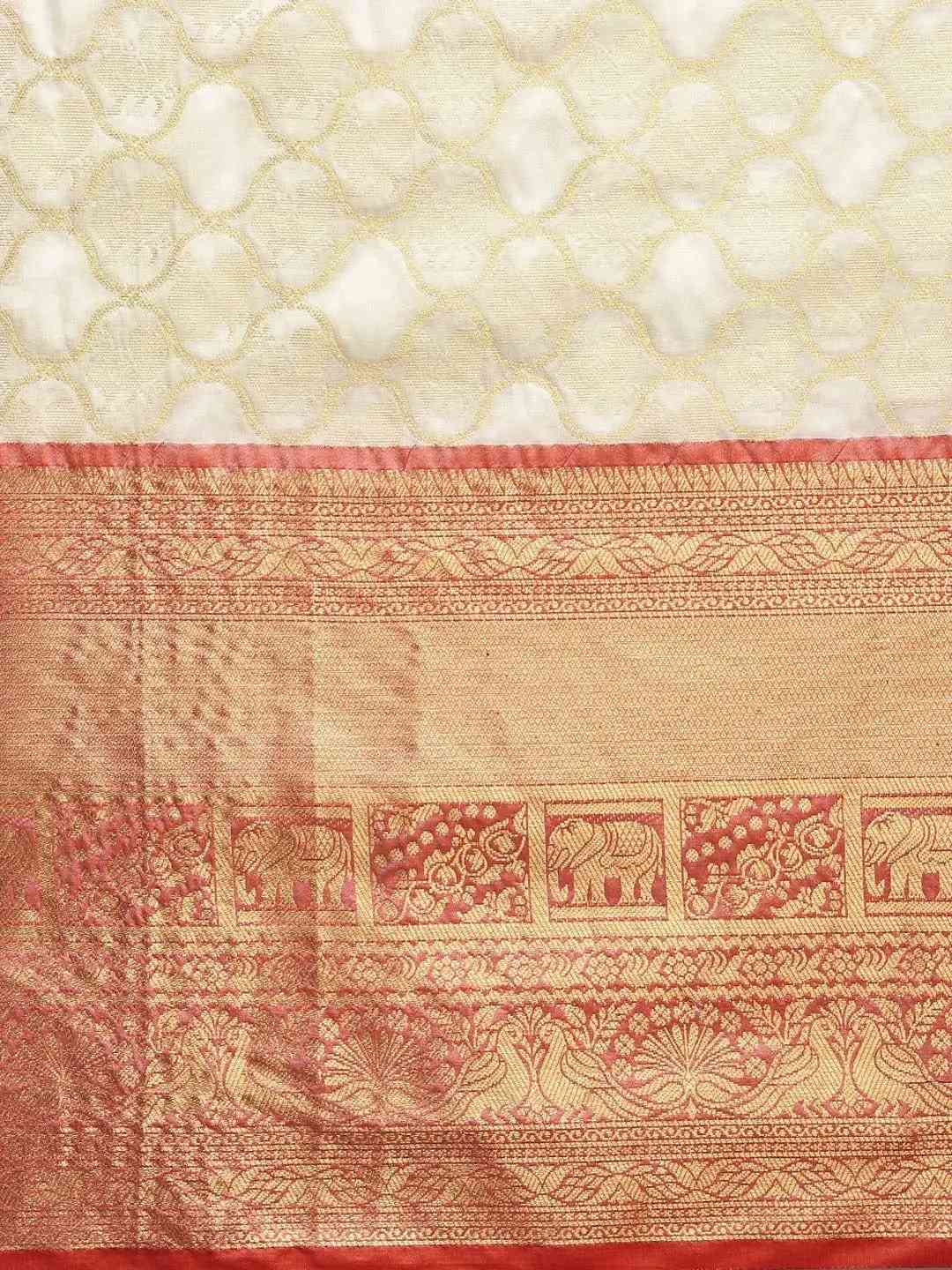 Soft Silk White Colour Kanjivaaram Traditional Wear Saree by My Store