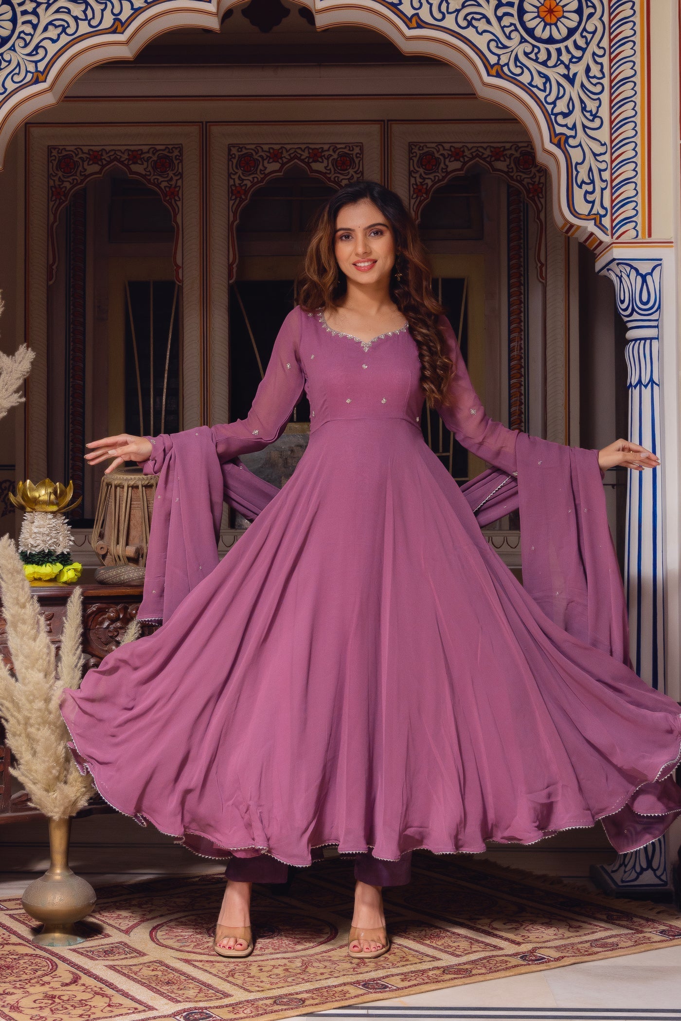 Mysha Onion Pink Georgette Anarkali Suit Set by My Store