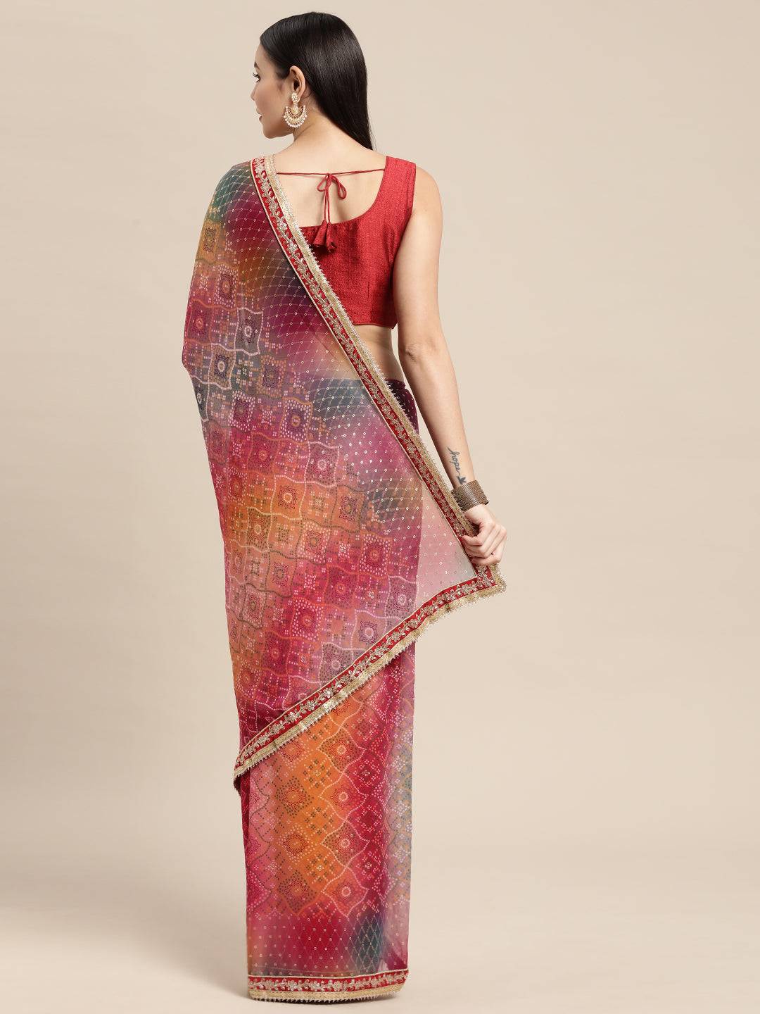 Poly Georgette Bandhani Saree With Sequence Work Border by My Store