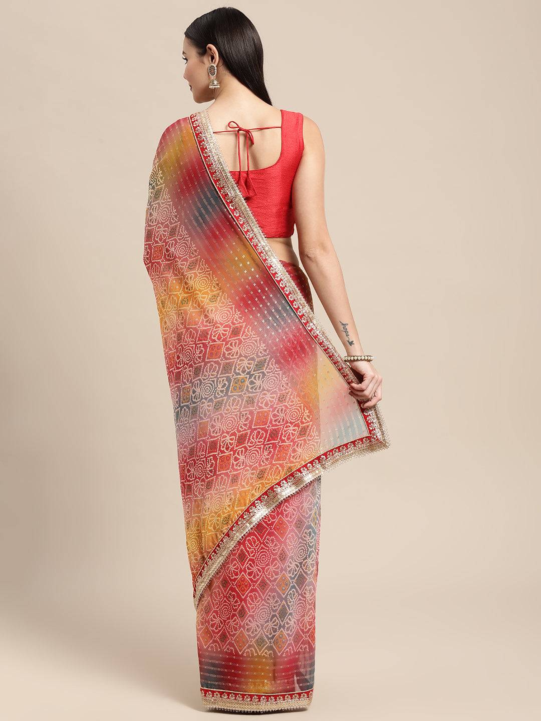 Poly Georgette Bandhani Saree With Sequence Work Border by My Store