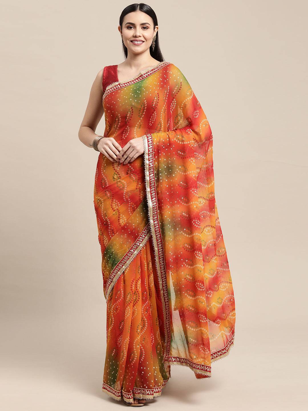Poly Georgette Bandhani Saree With Sequence Work Border by My Store