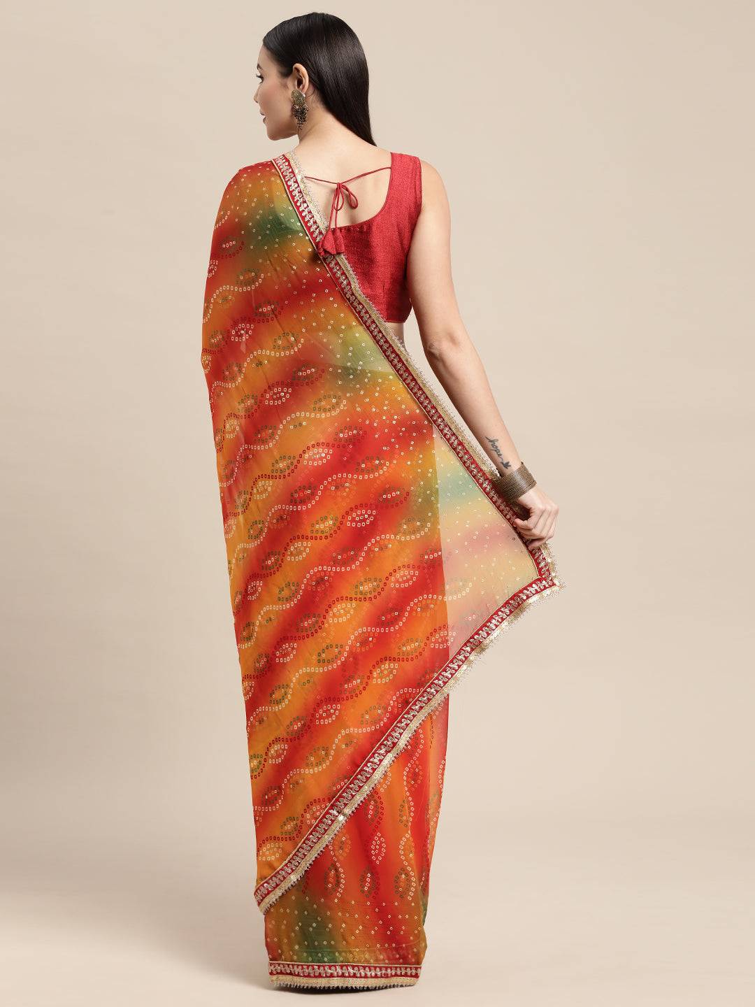 Poly Georgette Bandhani Saree With Sequence Work Border by My Store