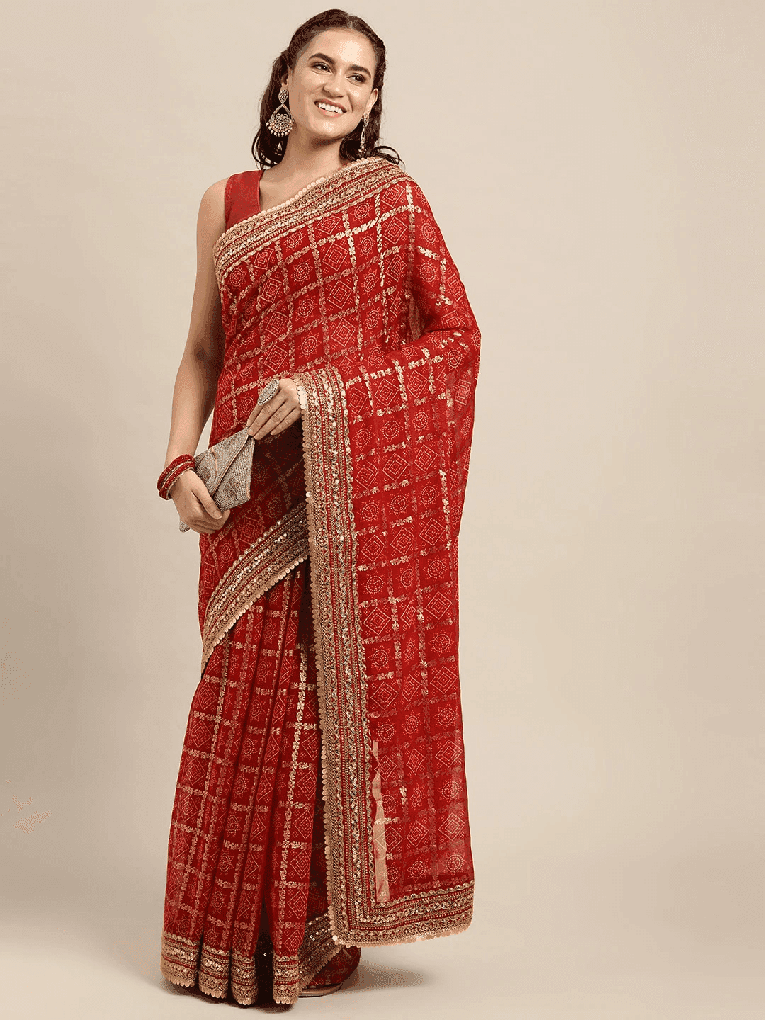 Poly Chiffon Bandhej & Foil Print Festive Wear Saree by My Store