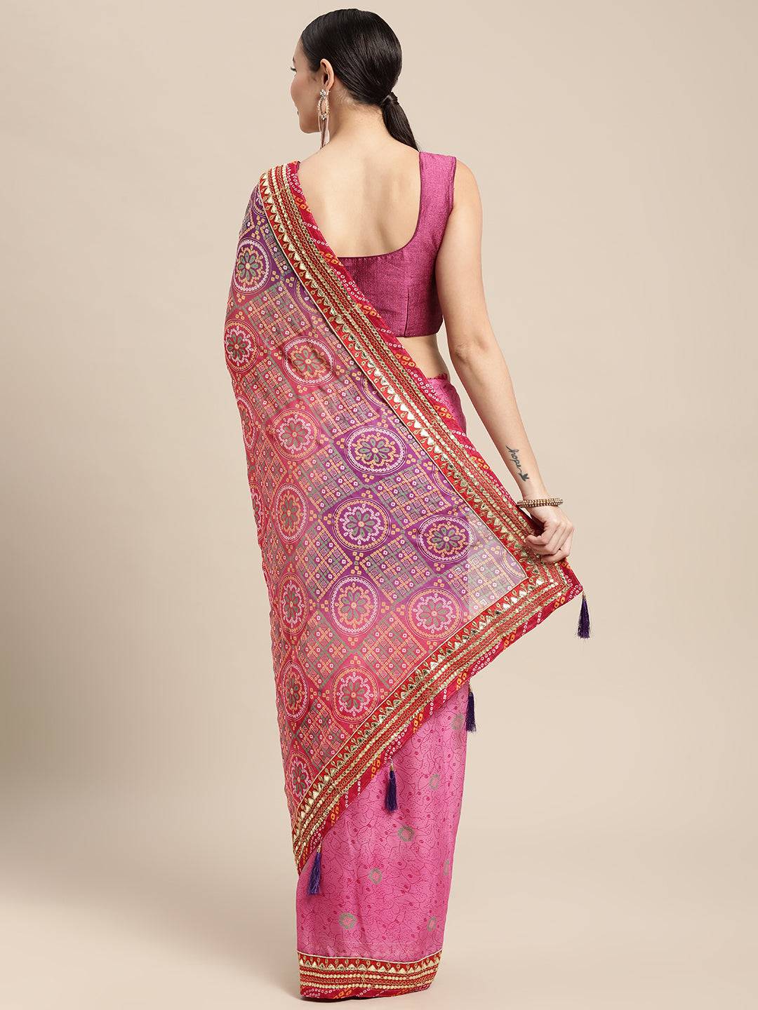 Purple Bandhani Print Silk Saree With Gota Patti Border by My Store