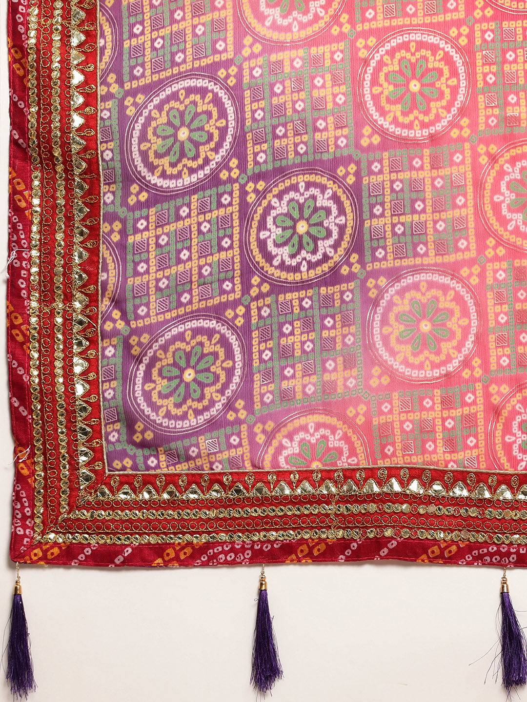 Purple Bandhani Print Silk Saree With Gota Patti Border by My Store