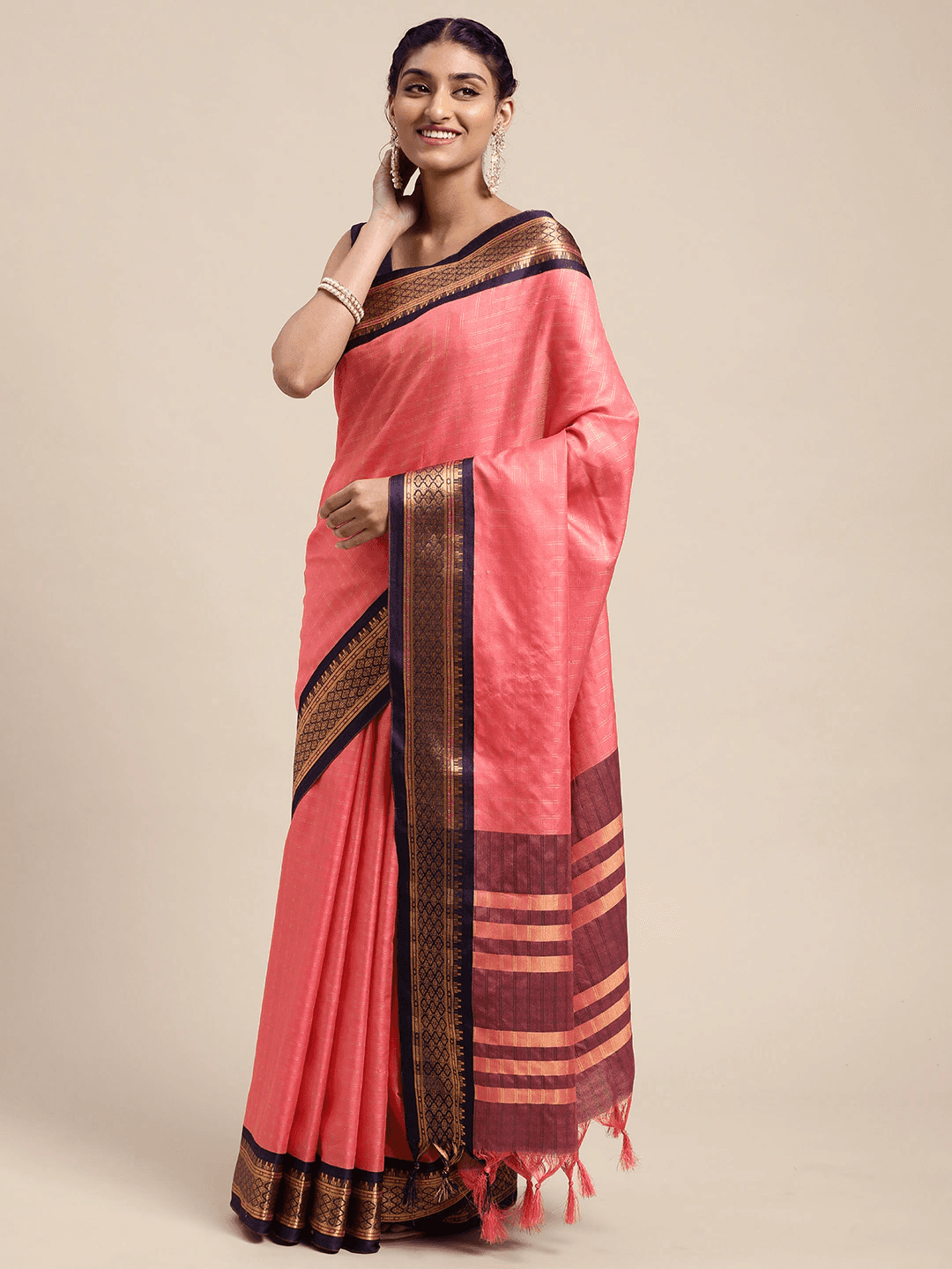 Exclusive Pink Colour Chex Design Uppada Cotton Silk Saree by My Store