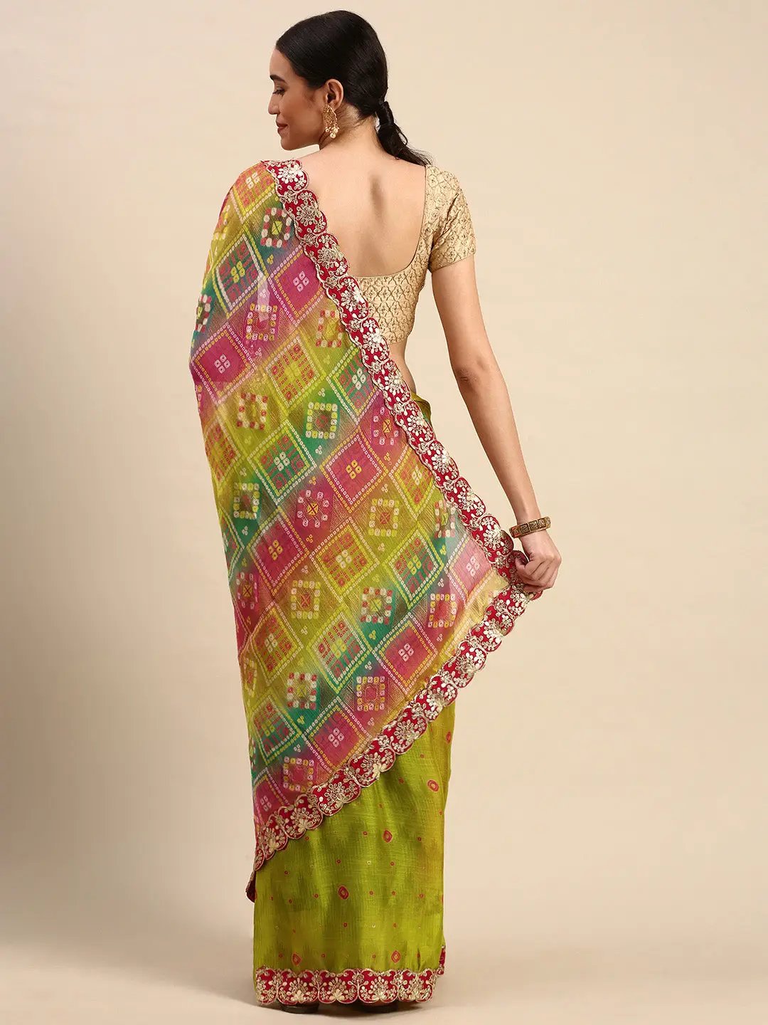 Chiffon Bandhej Print Saree With Embellished Border by My Store