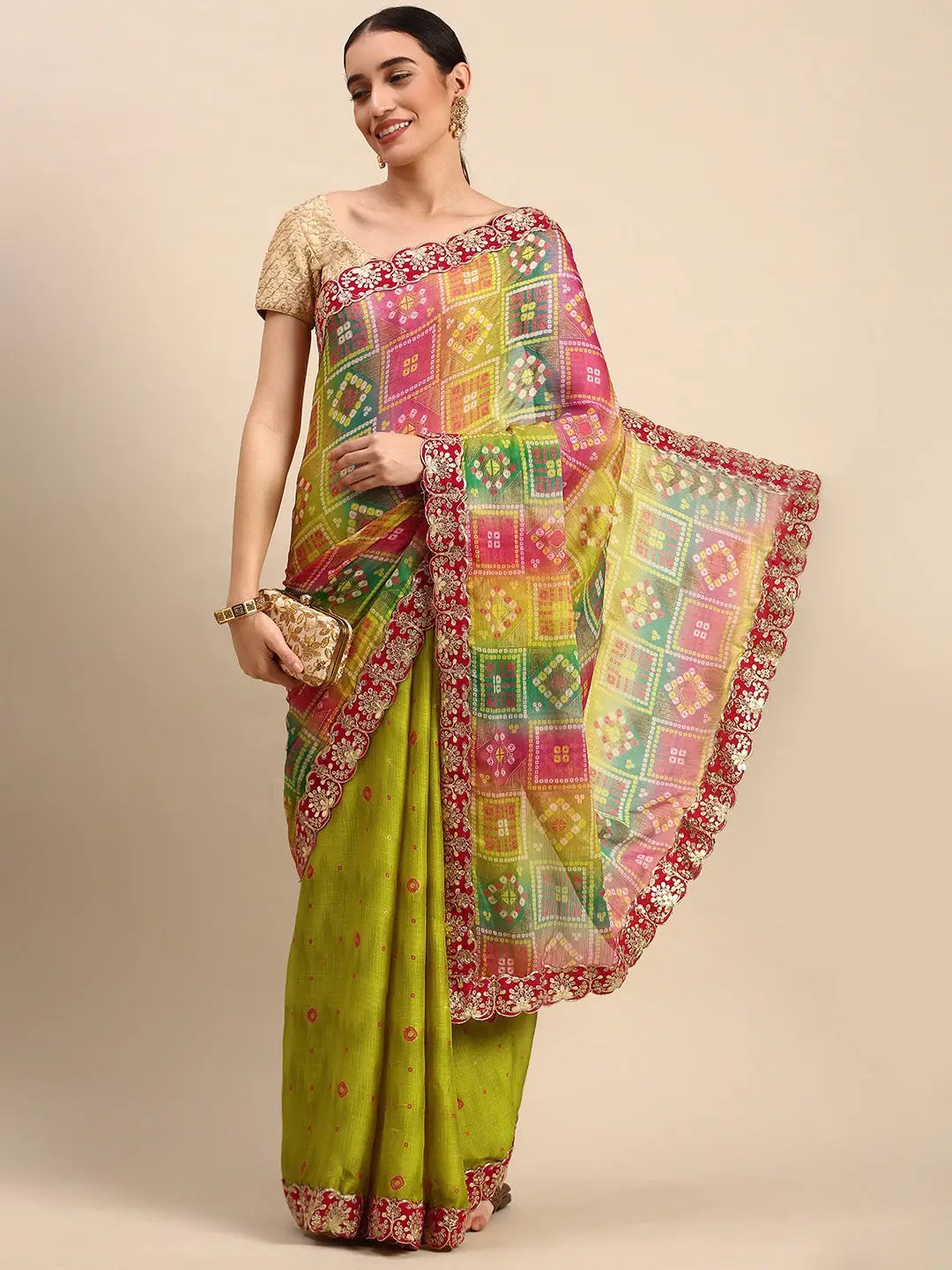 Chiffon Bandhej Print Saree With Embellished Border by My Store
