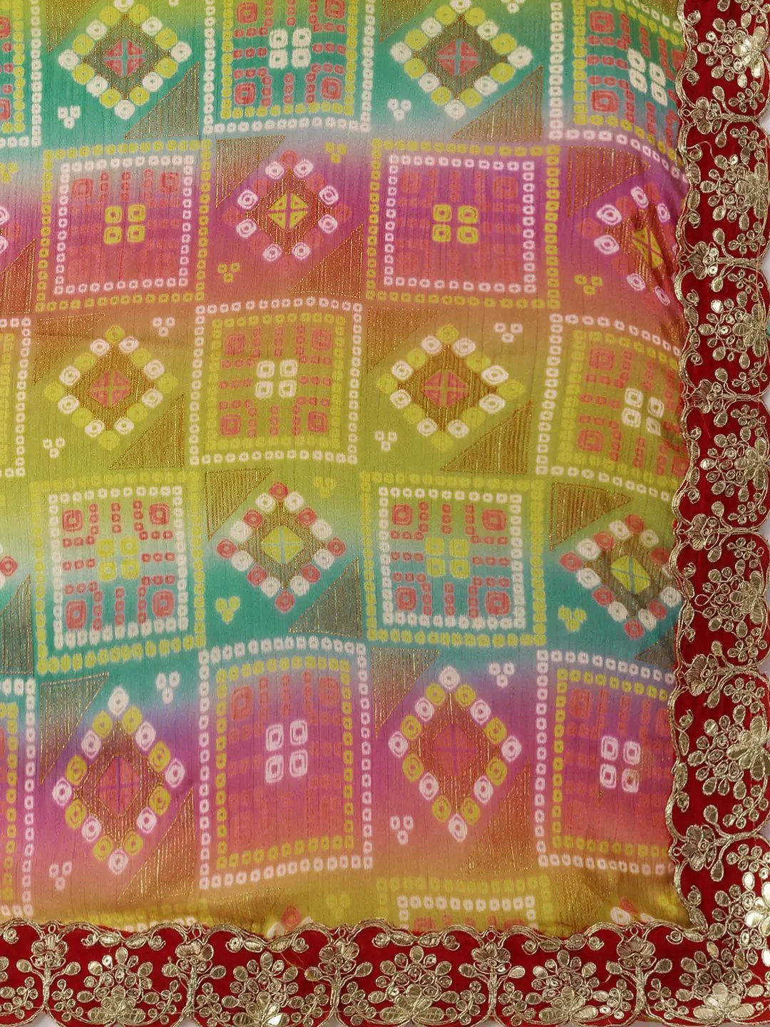 Chiffon Bandhej Print Saree With Embellished Border by My Store