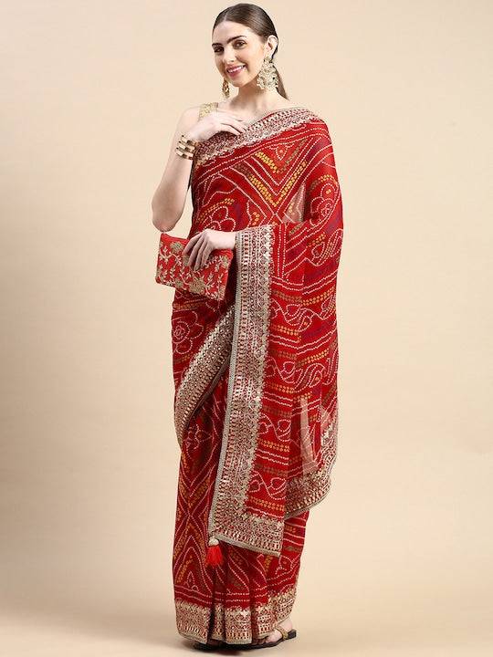 Sequinned Poly Georgette Bandhani Saree by My Store
