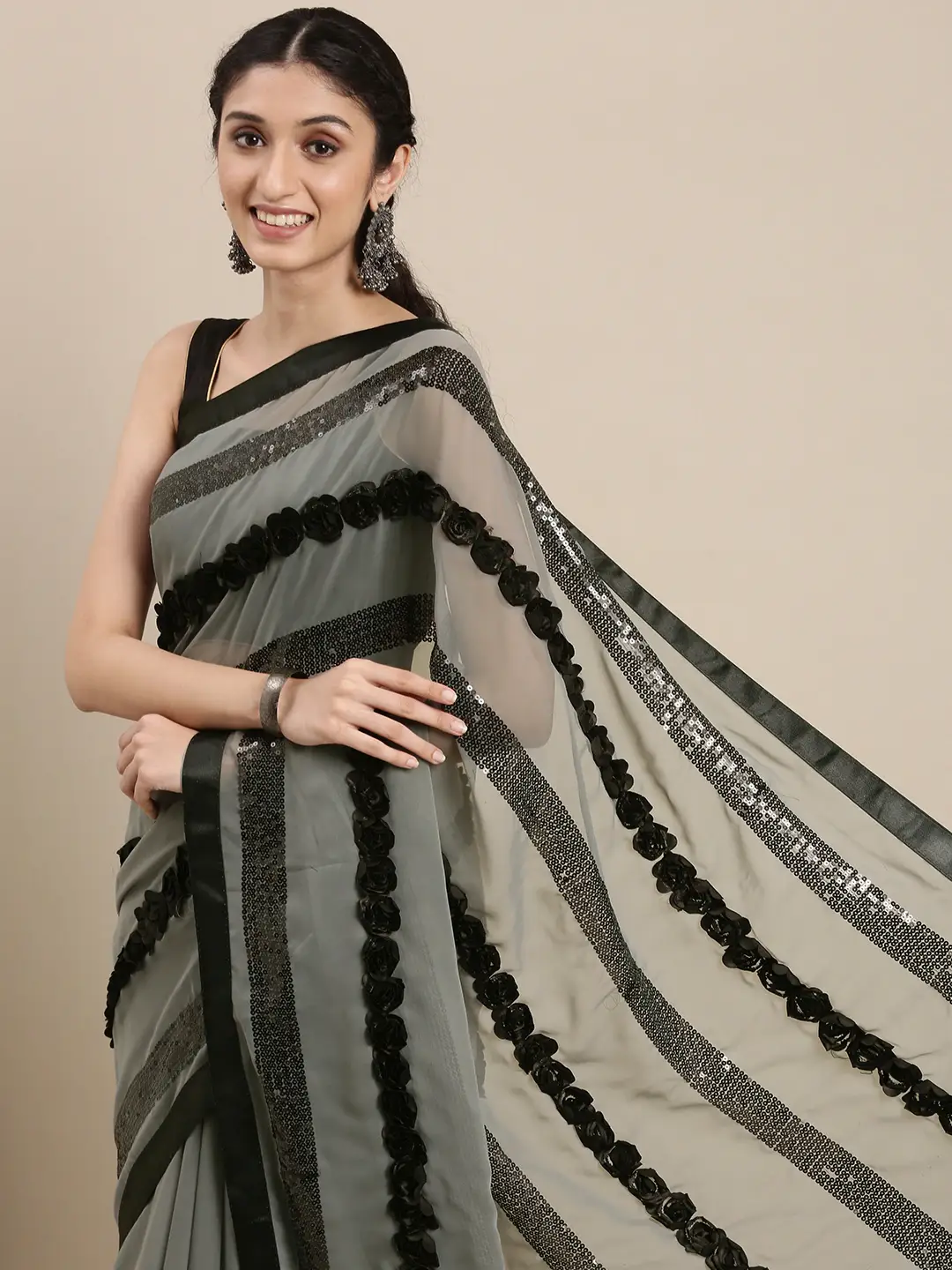 Poly Georgette Ribbon 3D Work Grey Colour Saree by My Store