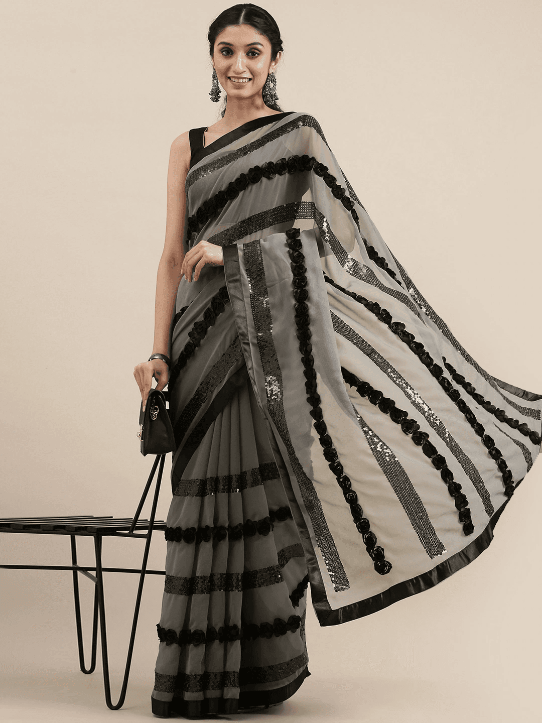 Poly Georgette Ribbon 3D Work Grey Colour Saree by My Store
