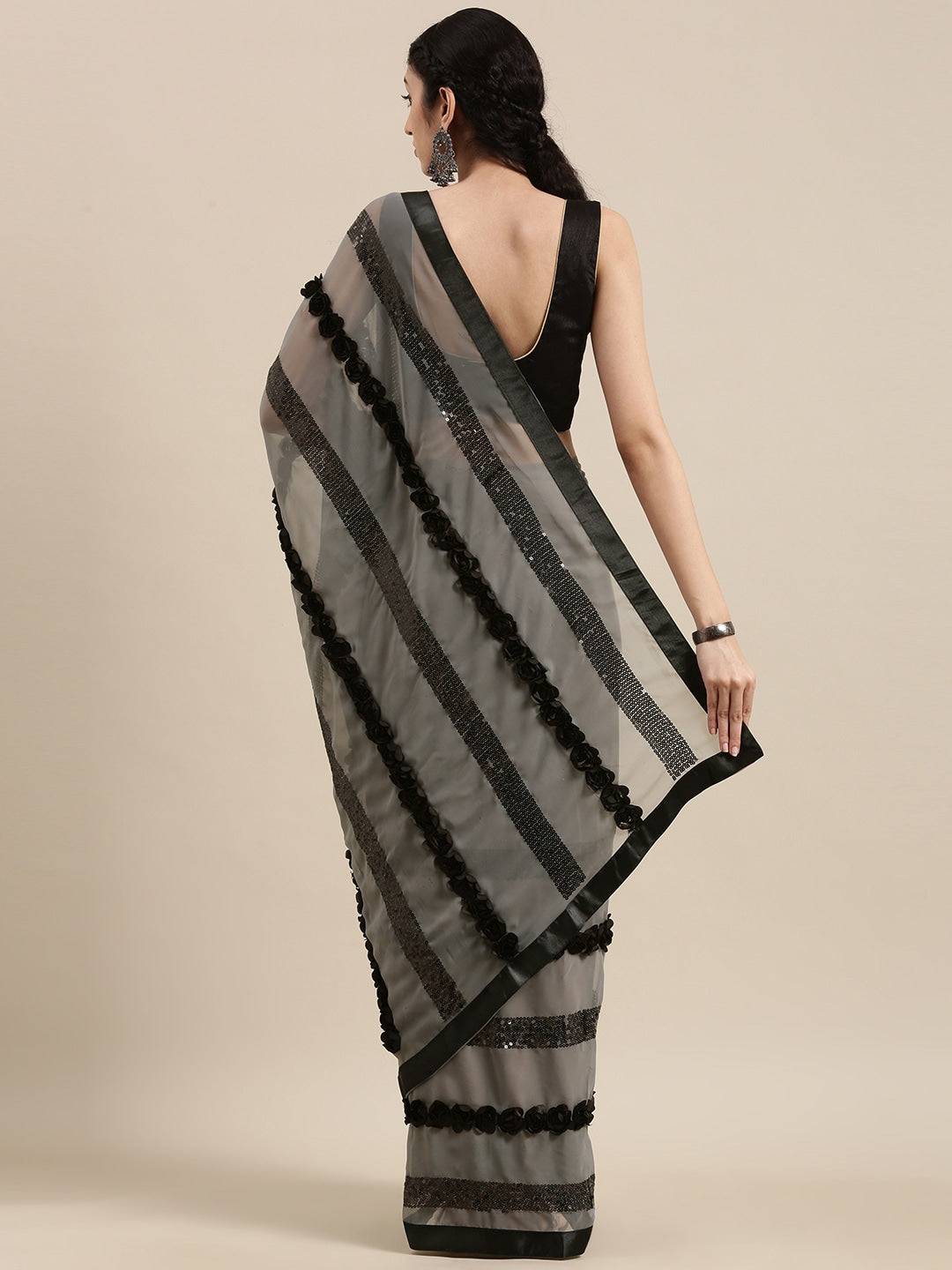 Poly Georgette Ribbon 3D Work Grey Colour Saree by My Store