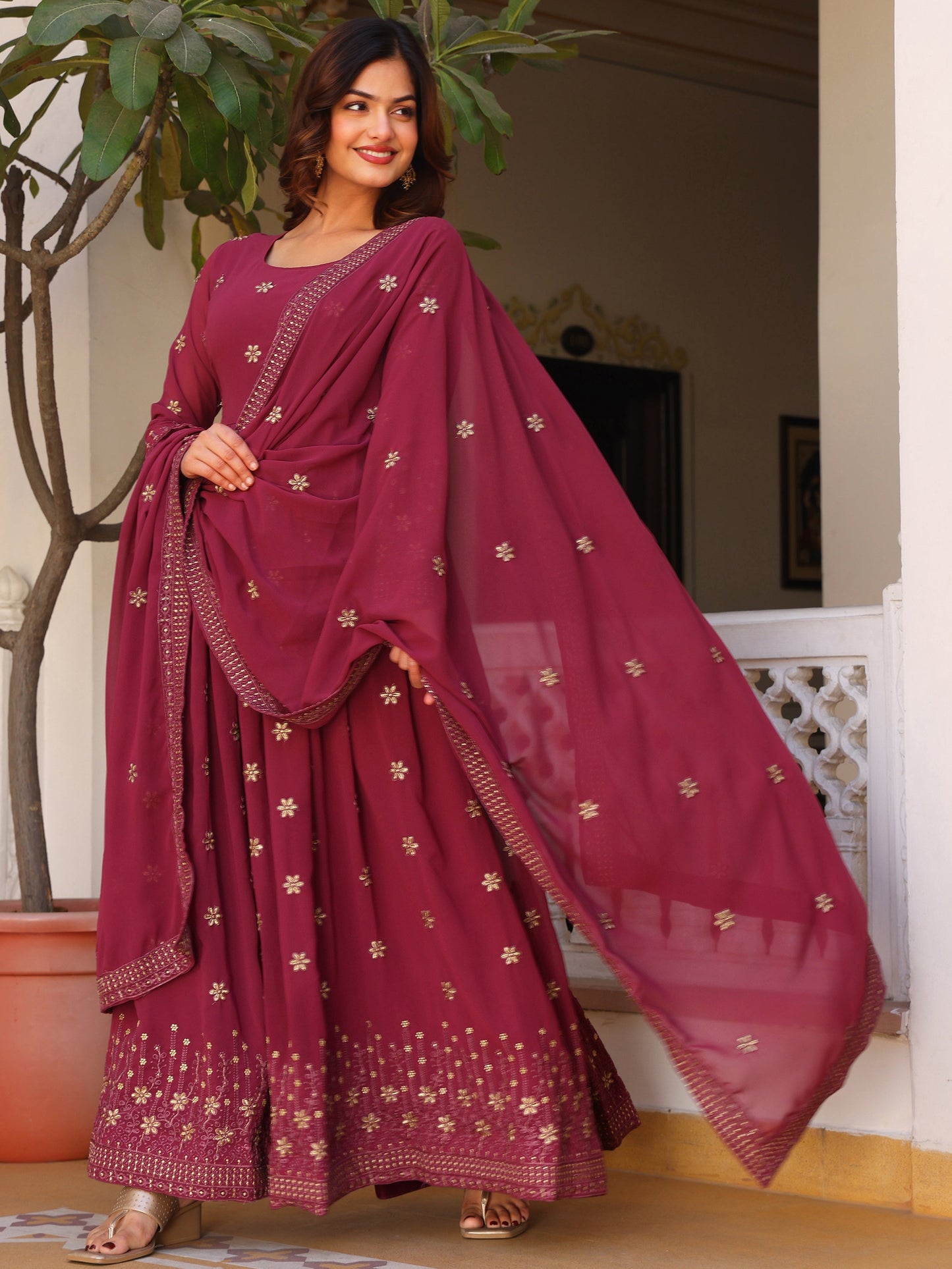 Party Wear Embroidered Onion Gown Set
