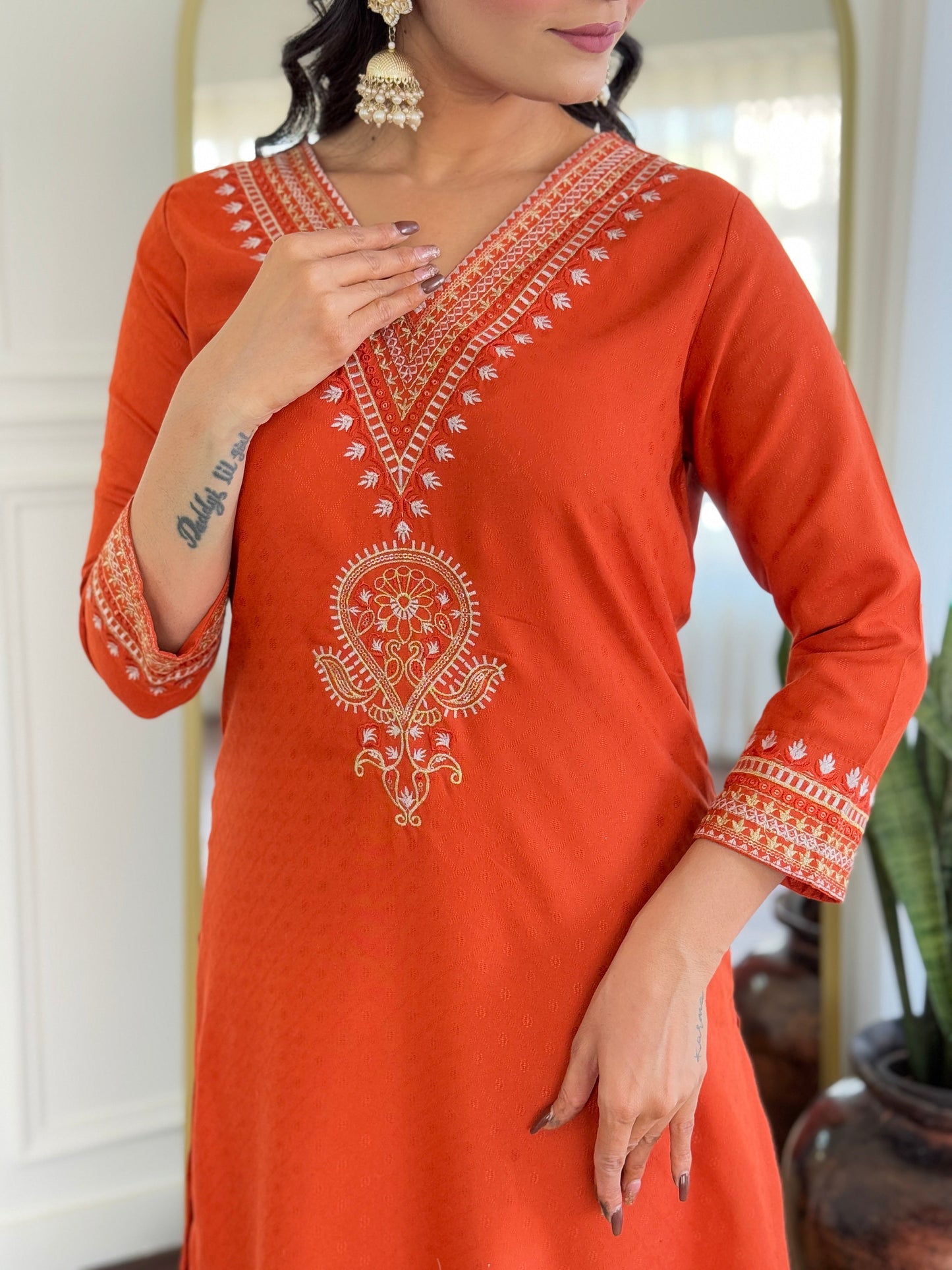 Saffron Bloom Orange Kurta Set For Festivals